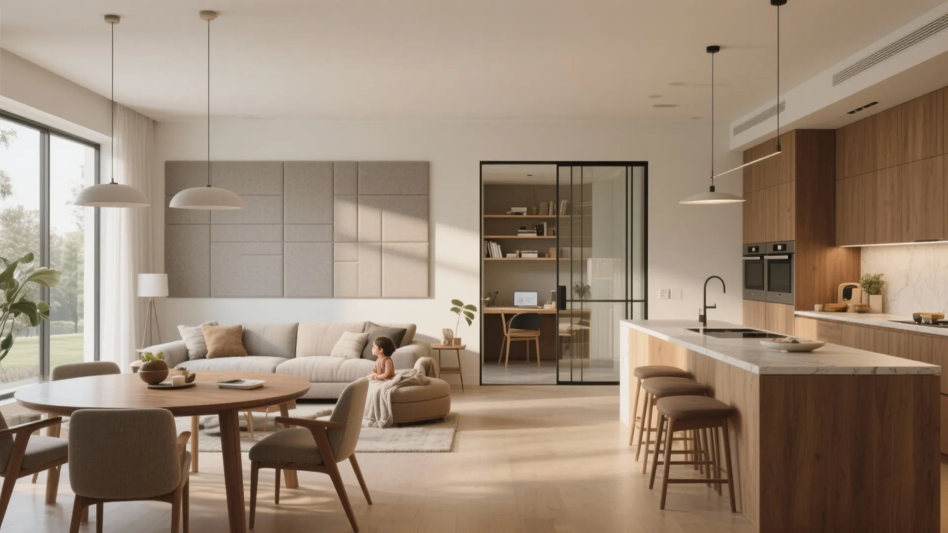 Open-plan living, dining and kitchen with a tucked pocket room visible behind a sliding door.