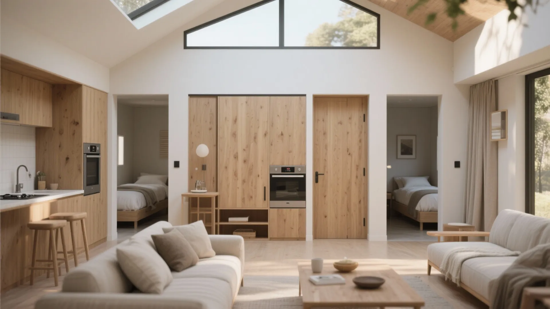 Open living, dining and kitchenette with split bedrooms at opposite ends in a compact guest house.