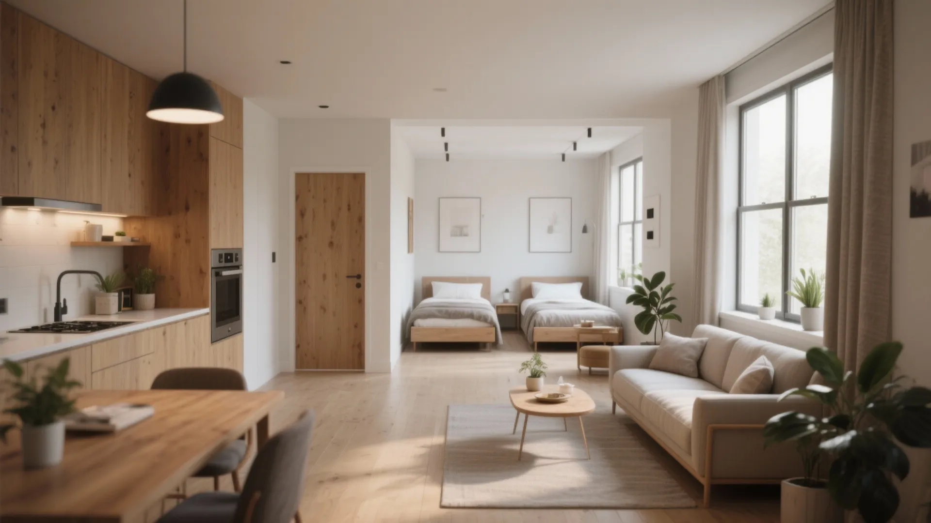 1) Open living with stacked bedrooms