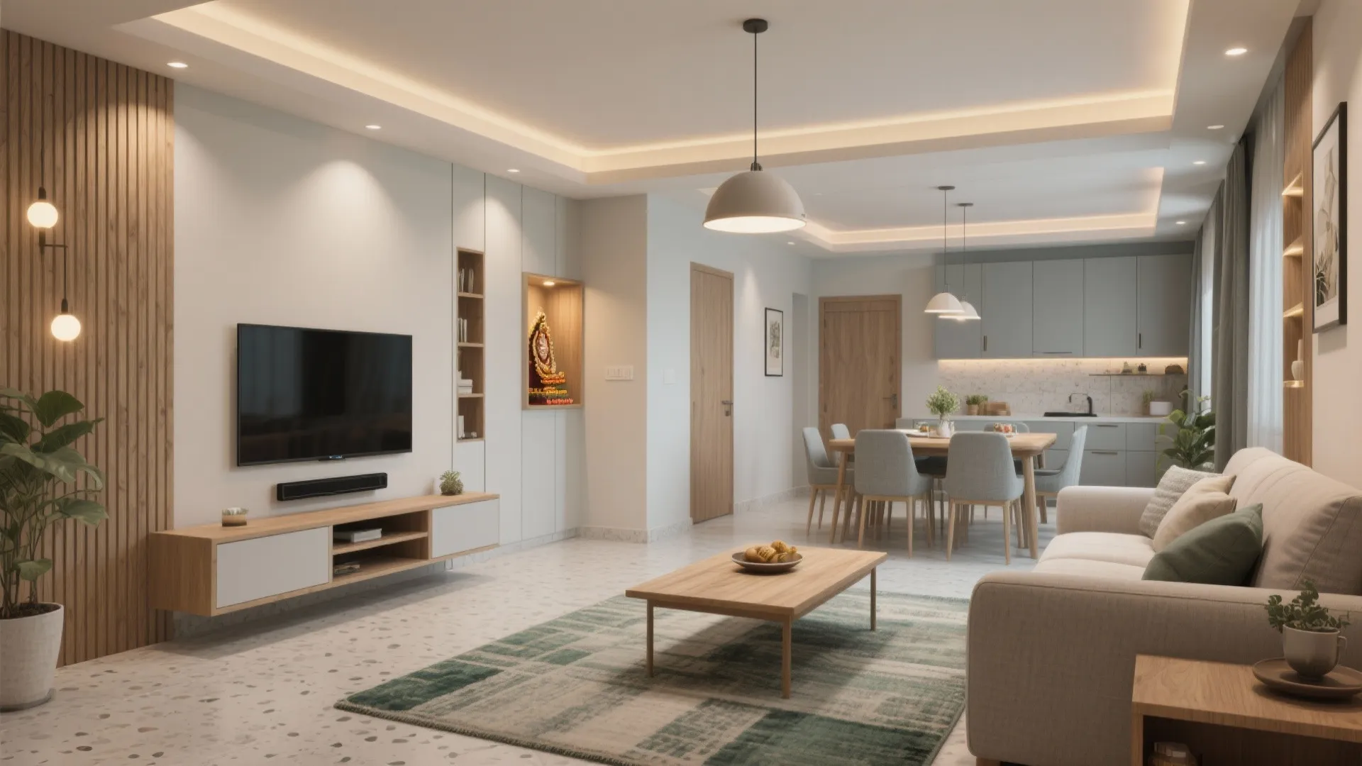 Open-concept living-dining with a smart TV wall