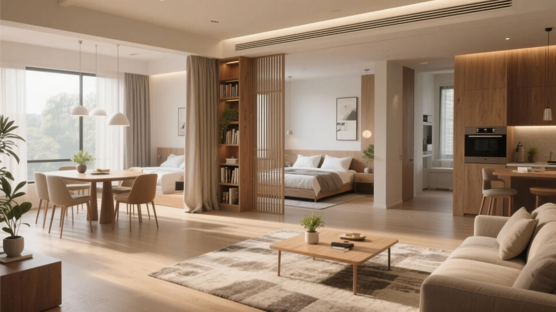 Modern open plan apartment with wooden partition separating the living room and the cozy bedroom