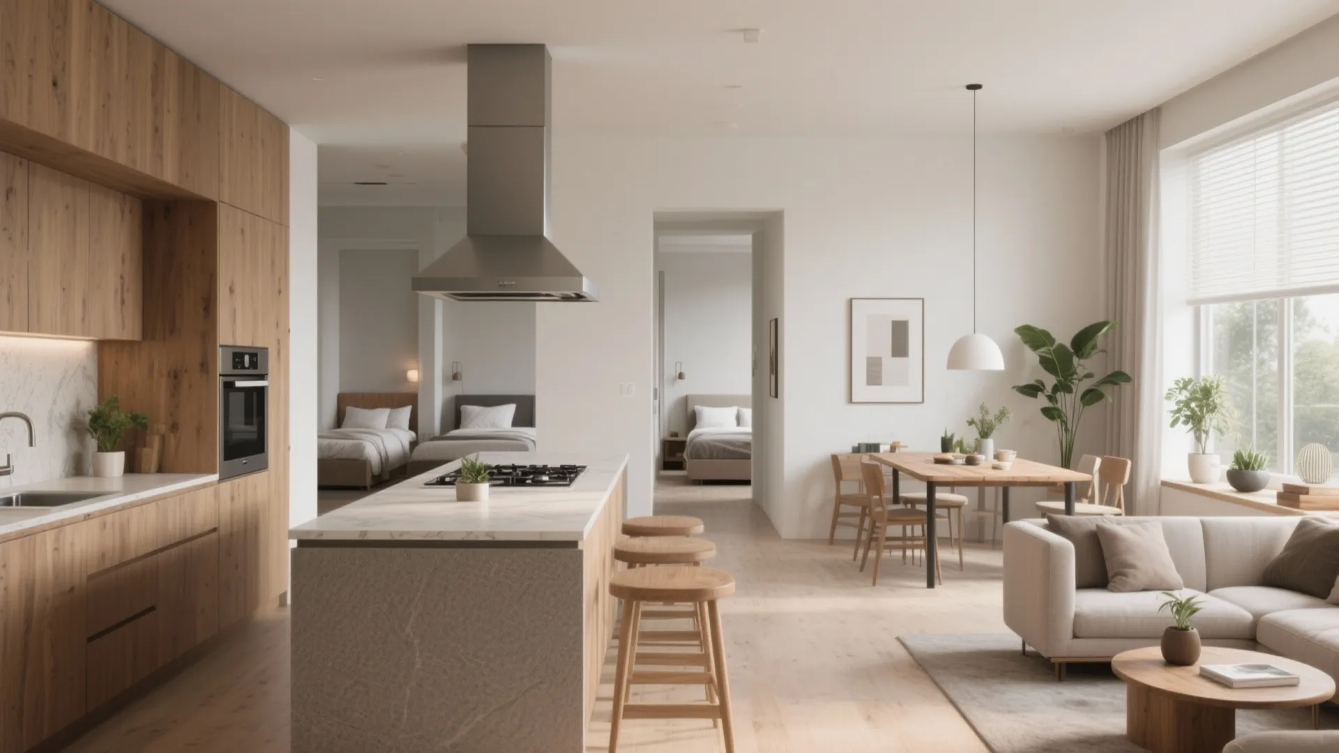 Open plan living area featuring a kitchen island and dining table with views of two bedrooms