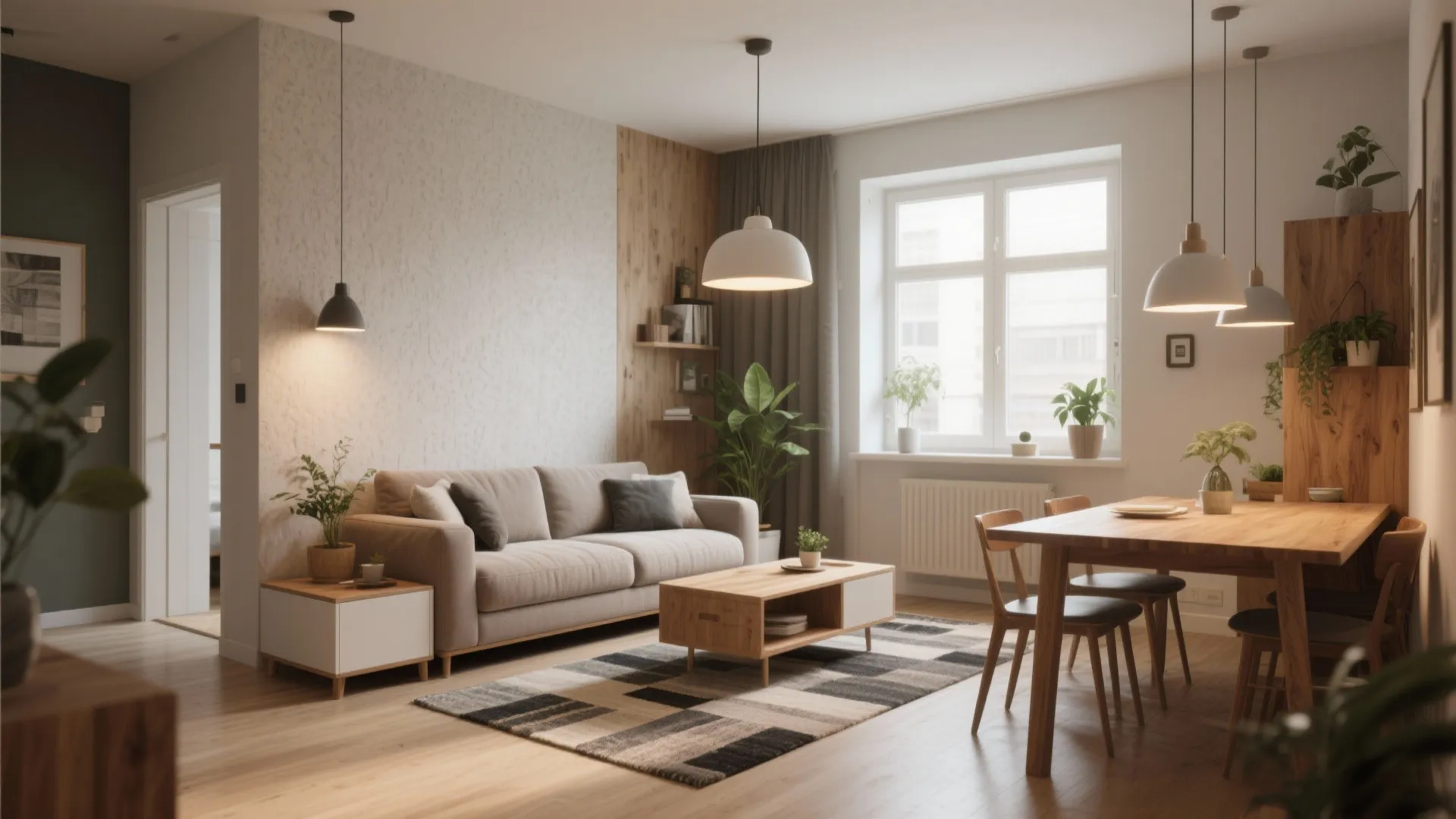 Open living and dining area with grey sofa wooden table ceiling light and natural window light