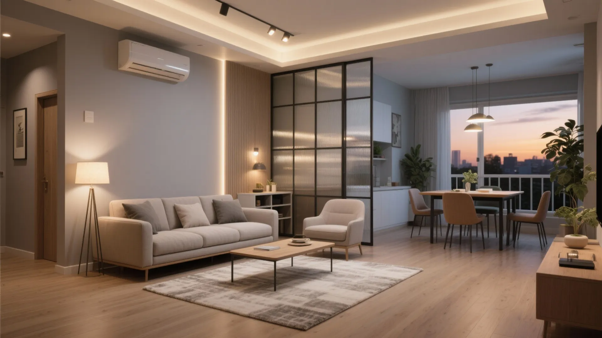Modern open living room and dining area with glass partition sofa table and evening view