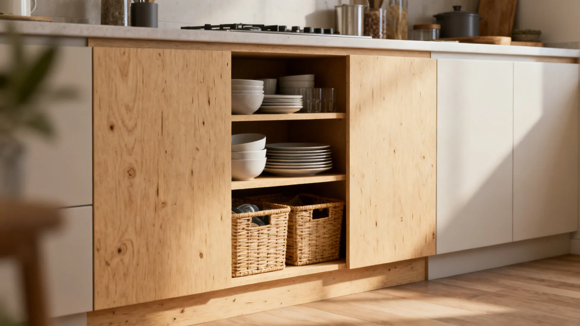 Open lower shelving with plywood fronts and organized dishware in a small kitchen