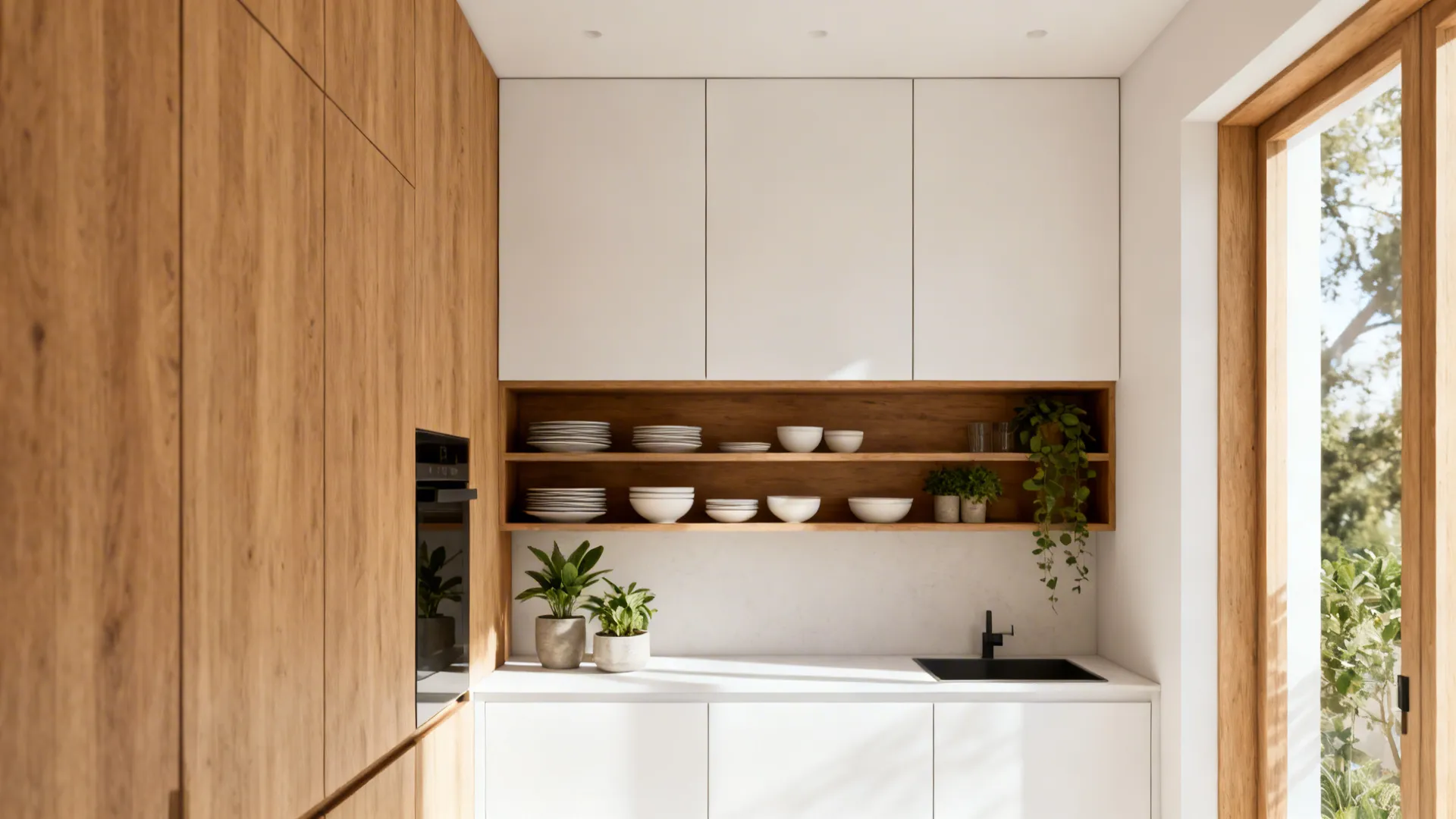 Small kitchen with open lower shelving and hidden upper cabinets creating an airy feel.