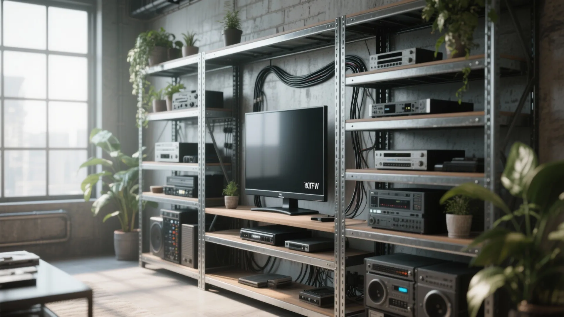 Industrial metal shelving unit holding a television and audio equipment in a room with windows