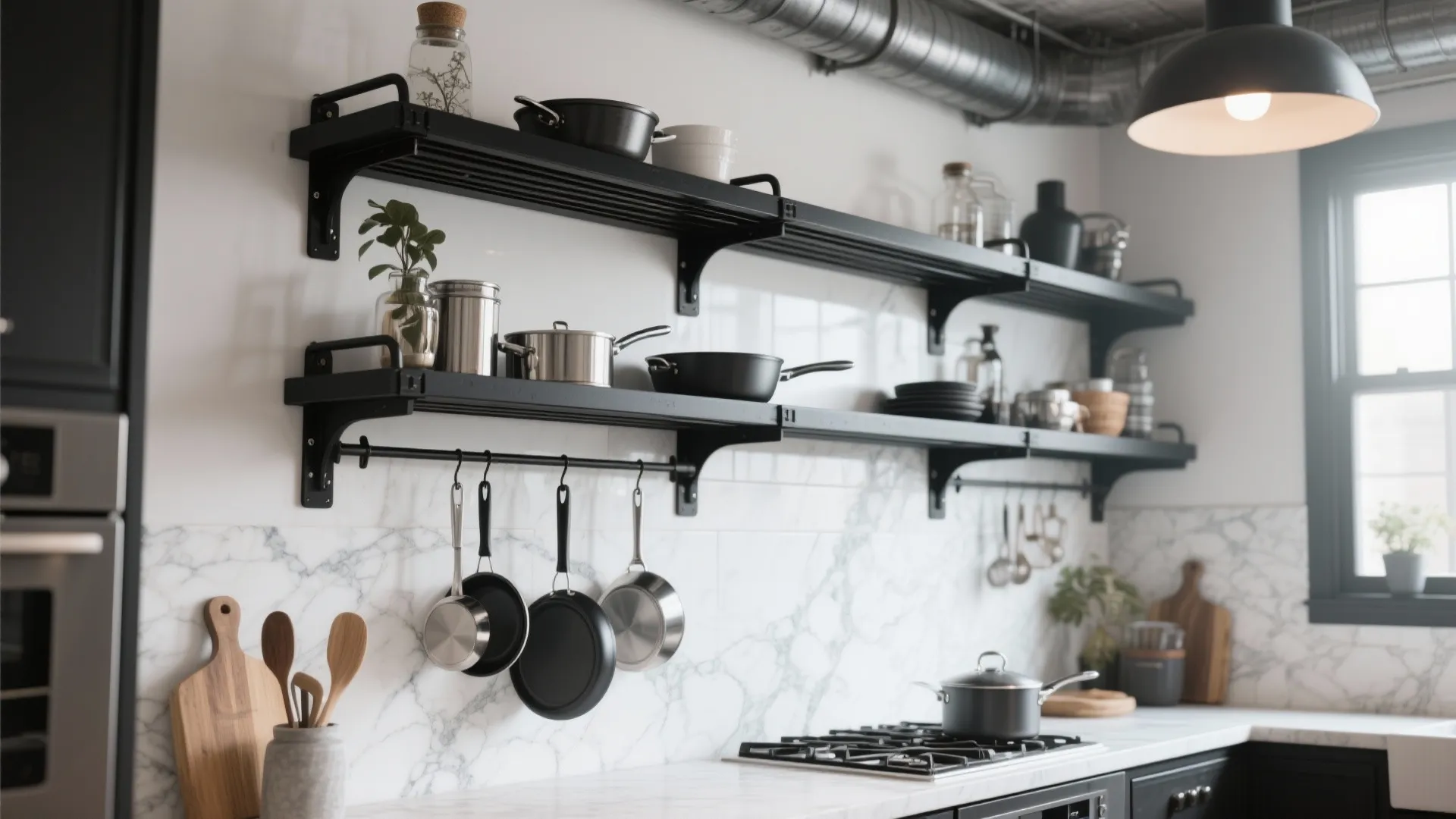 Industrial kitchen with black metal shelves holding pots and pans over a white marble backsplash