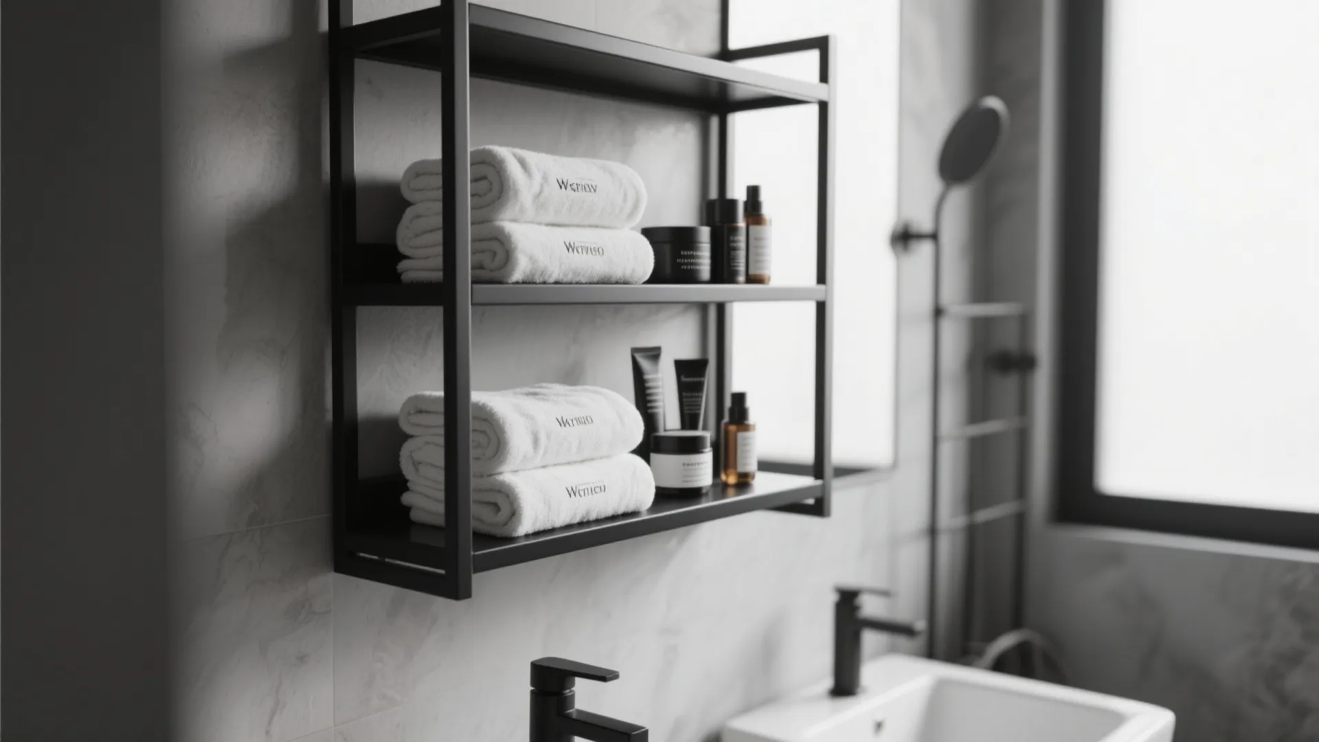 Black metal wall shelves holding white folded towels and skin care products in a bathroom