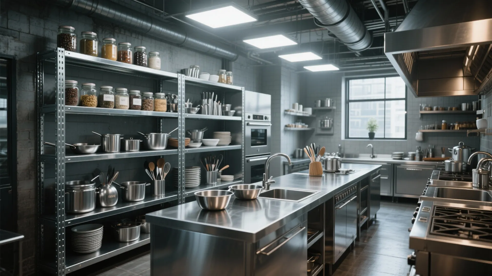 Professional kitchen layout with open metal shelves storing jars and pots near a steel island