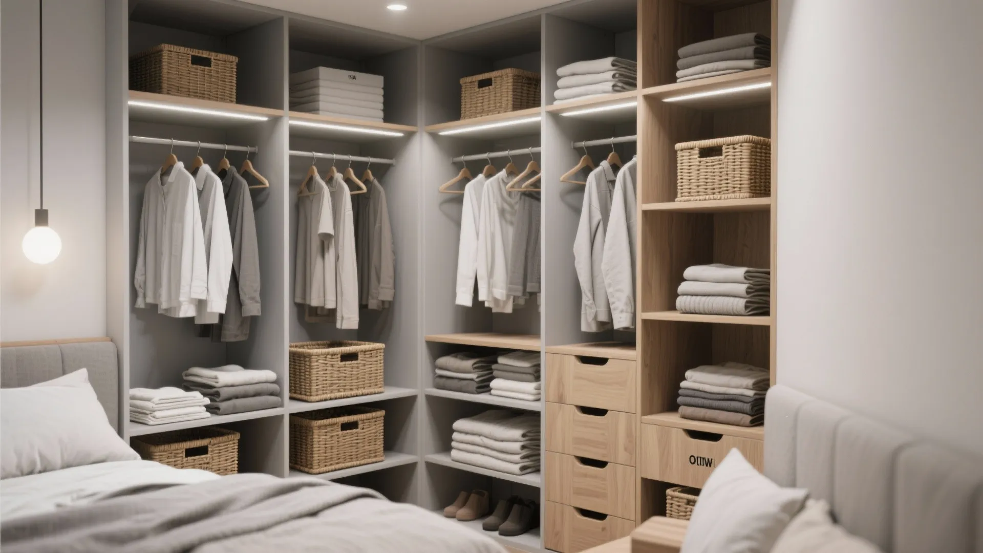 Walk in closet design with open wooden shelves organized clothes storage baskets and integrated lighting