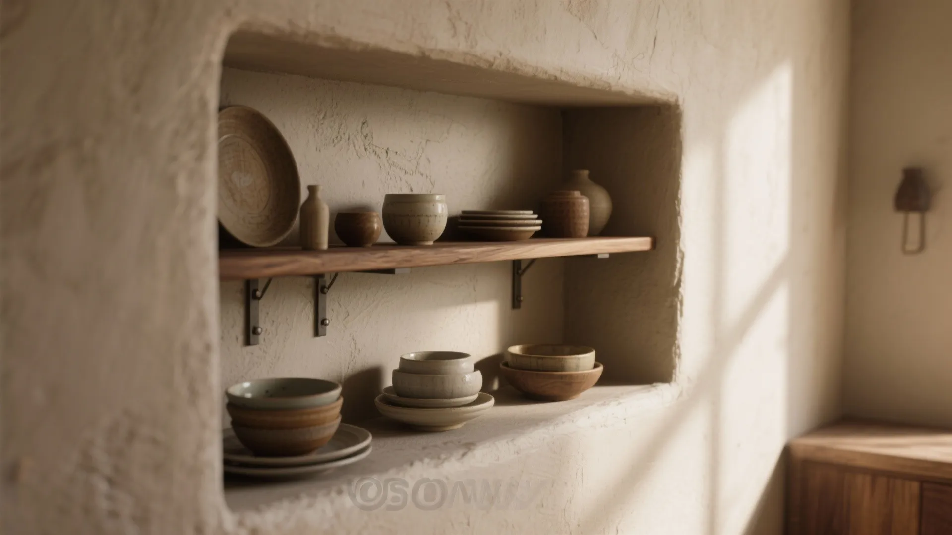 Built-in wall shelf displaying ceramic bowls and plates in a minimalist textured beige plaster wall