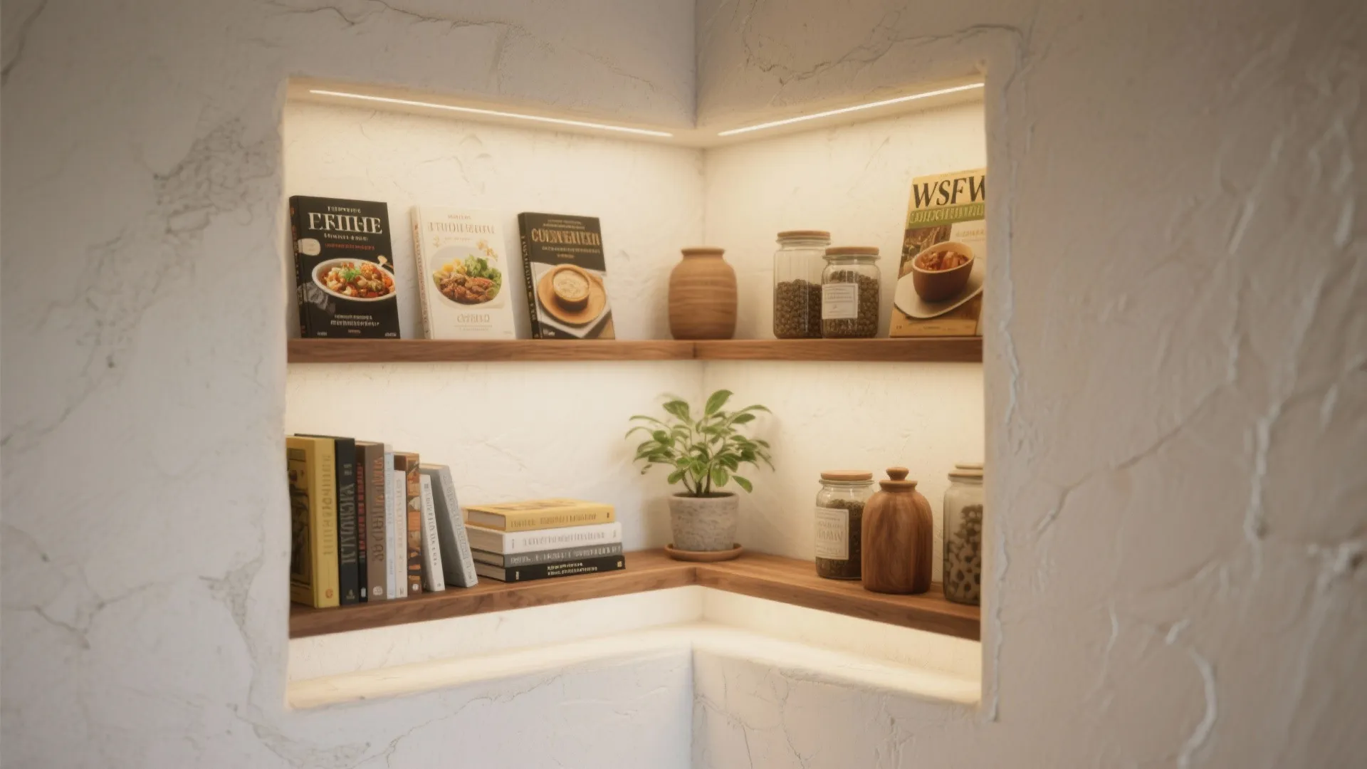 White corner wall niche with wooden shelves holding books small green plant and glass jars