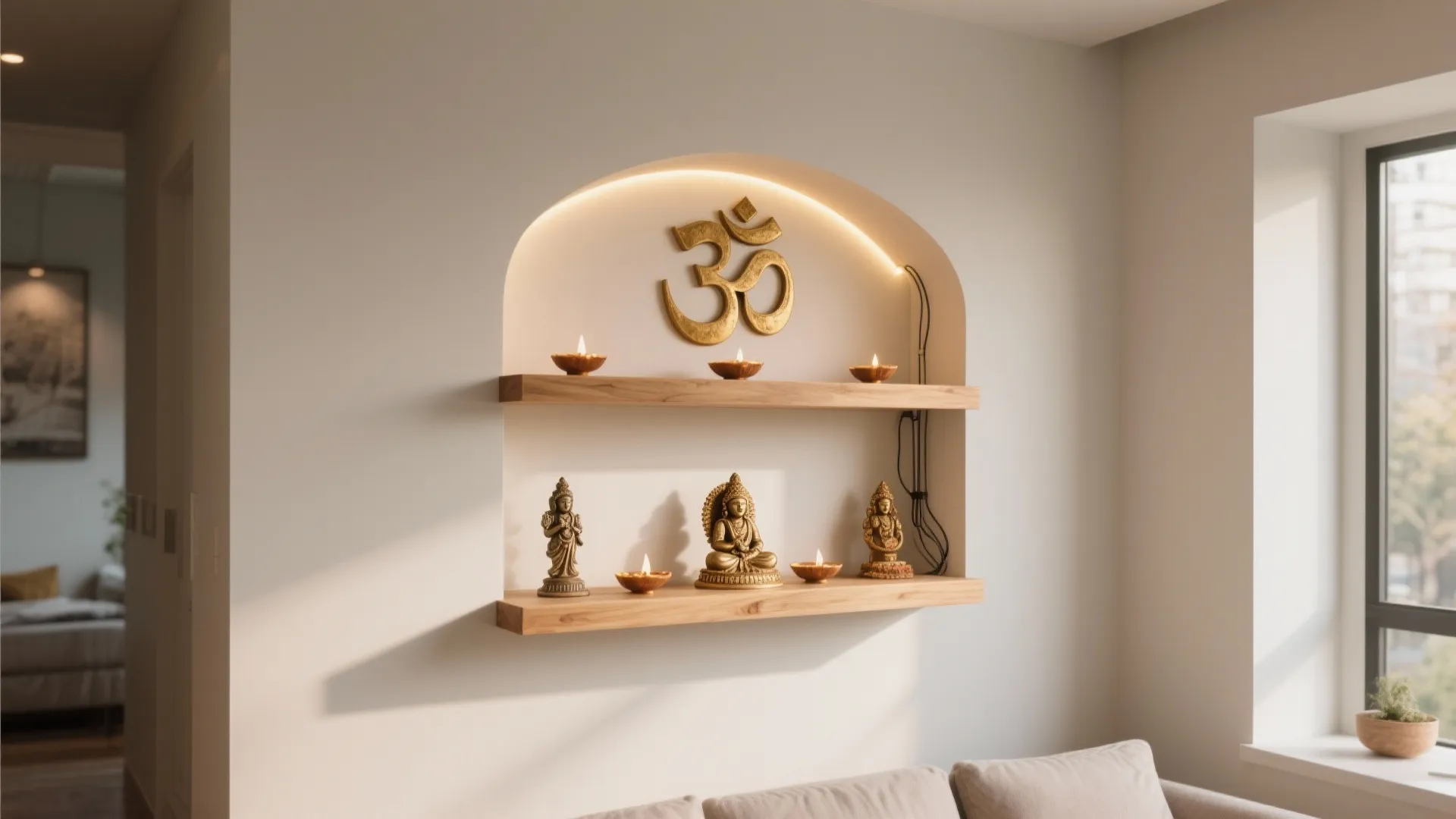 Open Niche Mandir with Floating Shelves