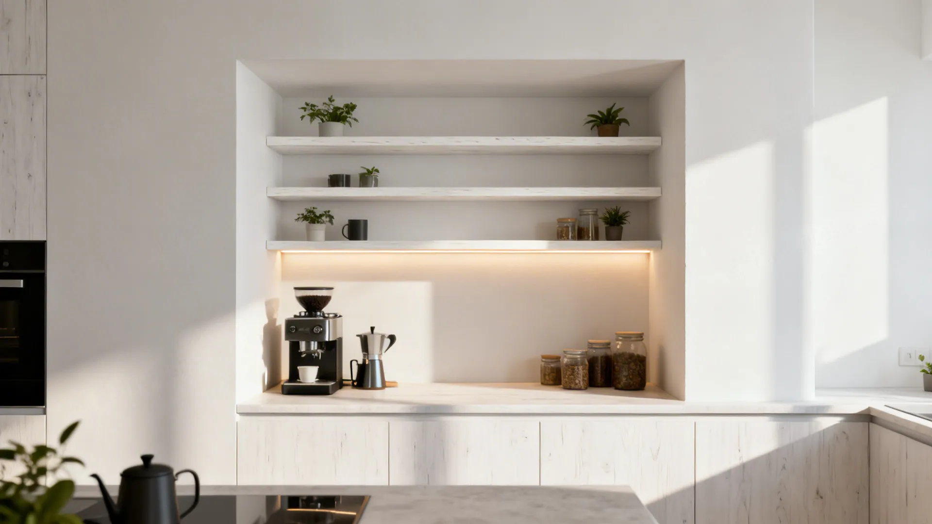 Chimney breast niche with floating oak shelves above a continuous counter in a small kitchen.