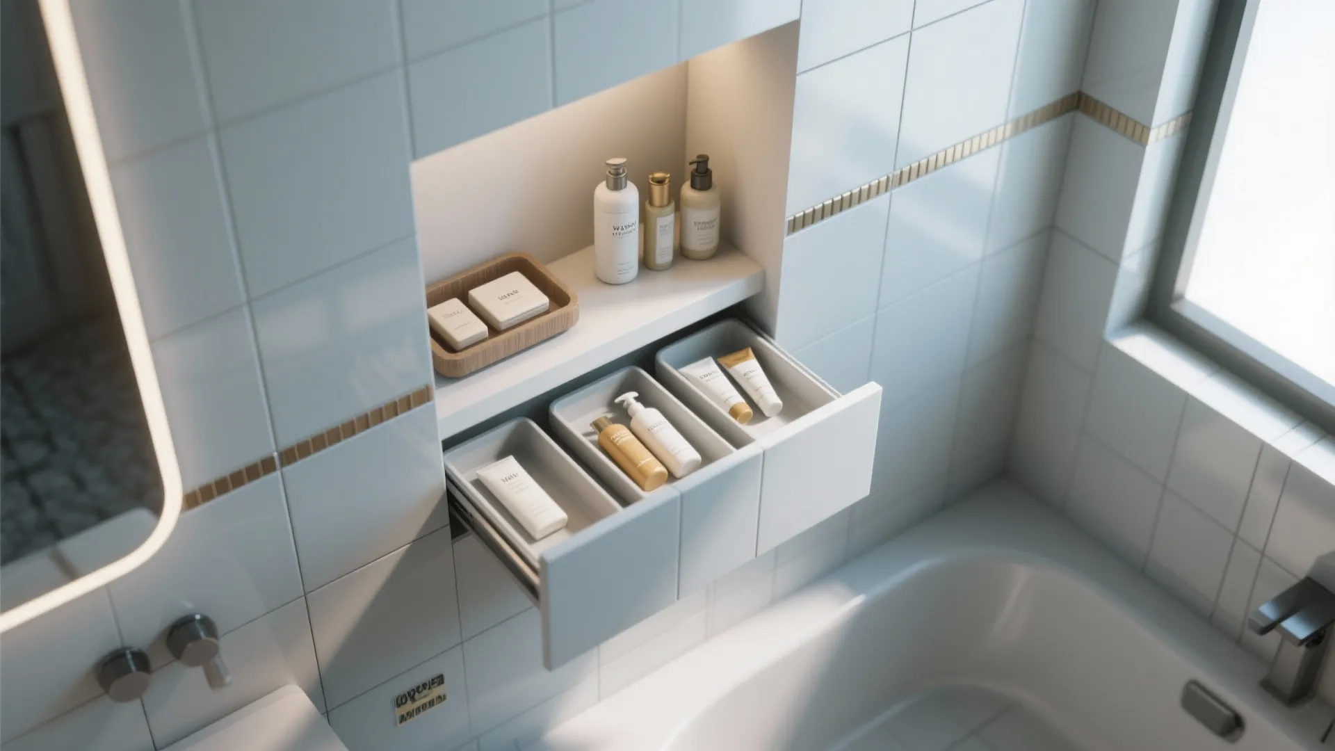 Bathroom wall niche with white tiles containing soap trays and bottles above an open drawer