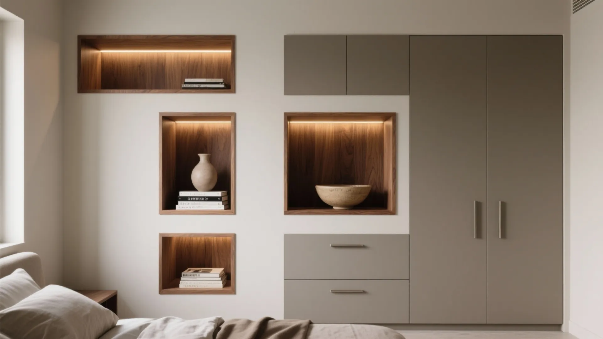 Modern bedroom wall with lighted wood wall shelves next to a grey wardrobe and bed