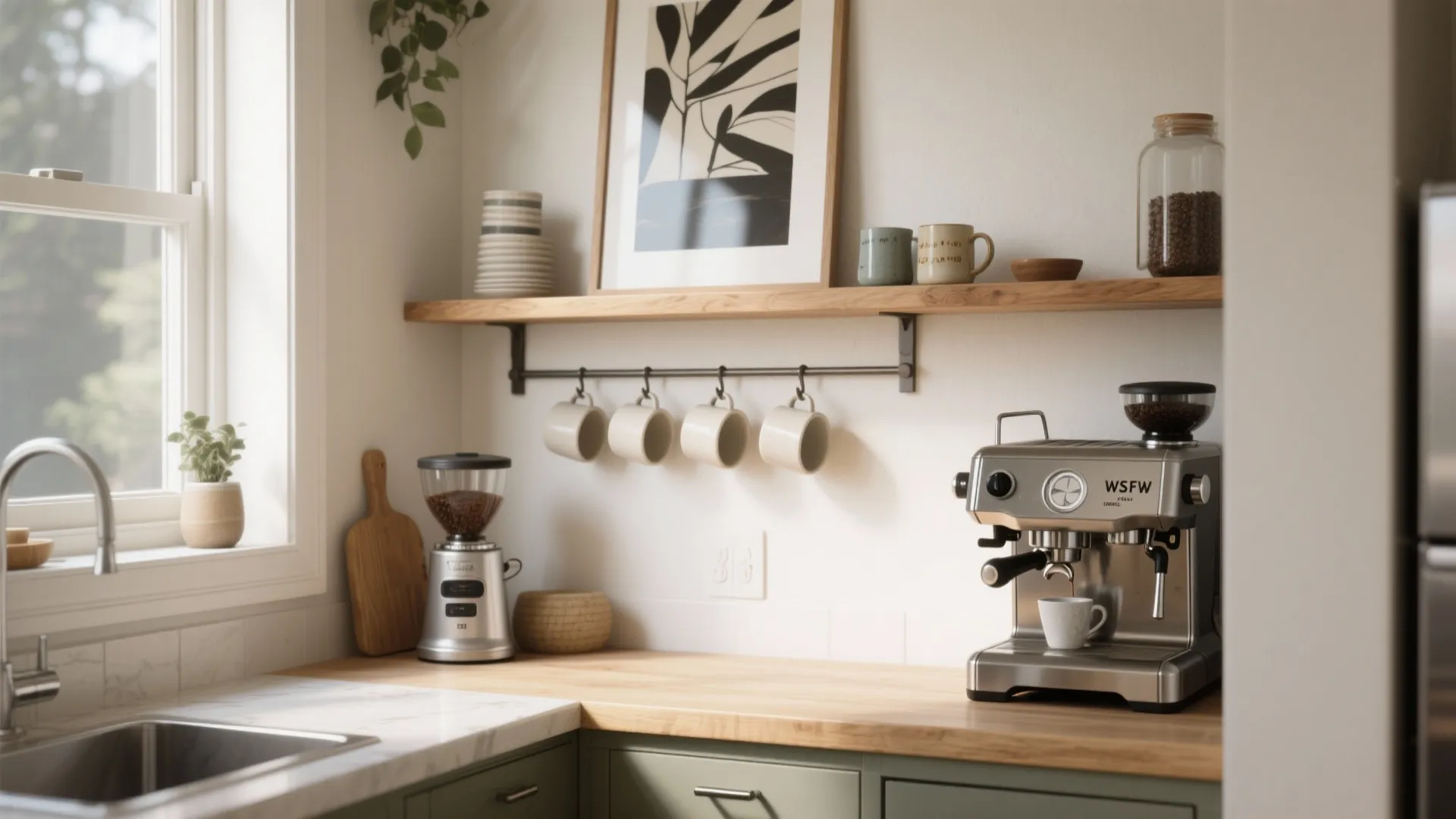 Modern coffee station with wooden shelves hanging mugs espresso machine bean grinder and green kitchen cabinets