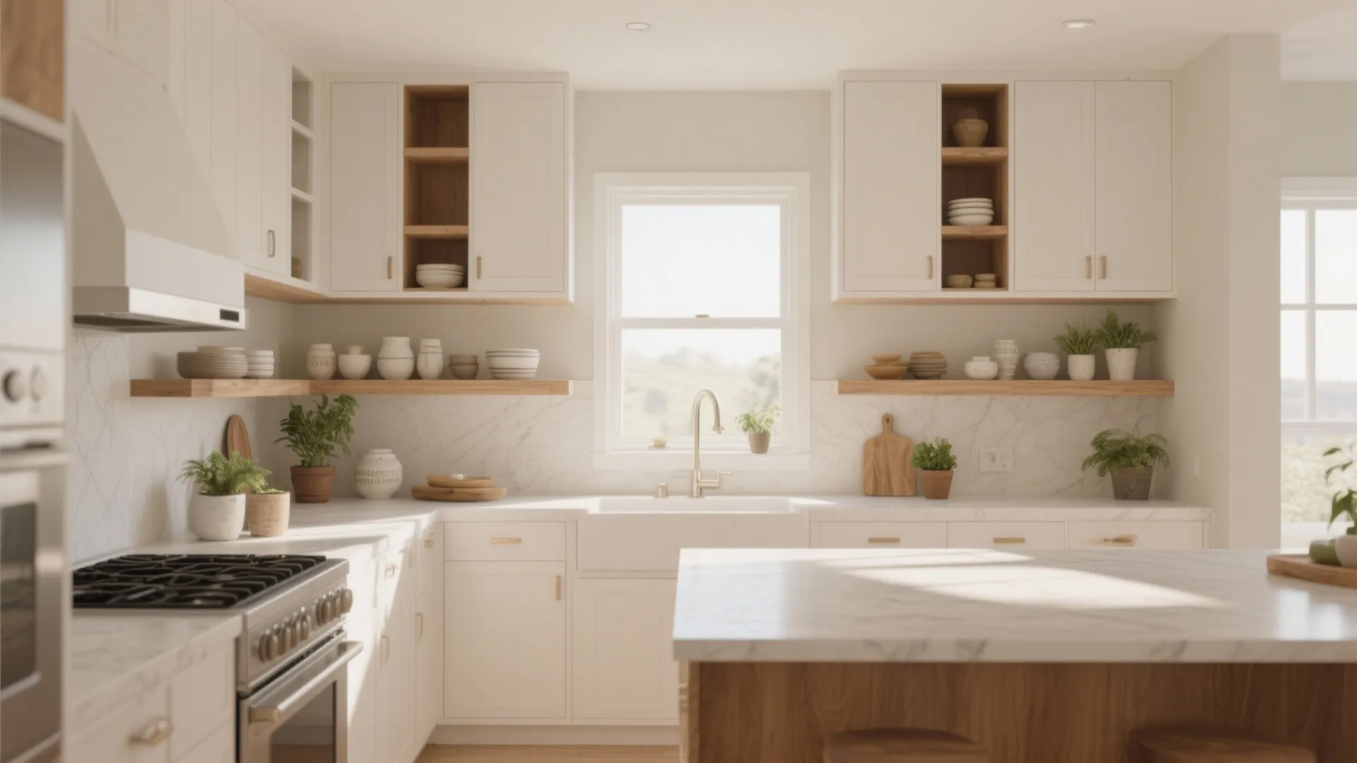 Bright white kitchen featuring wooden open shelves with ceramic bowls and a large central window