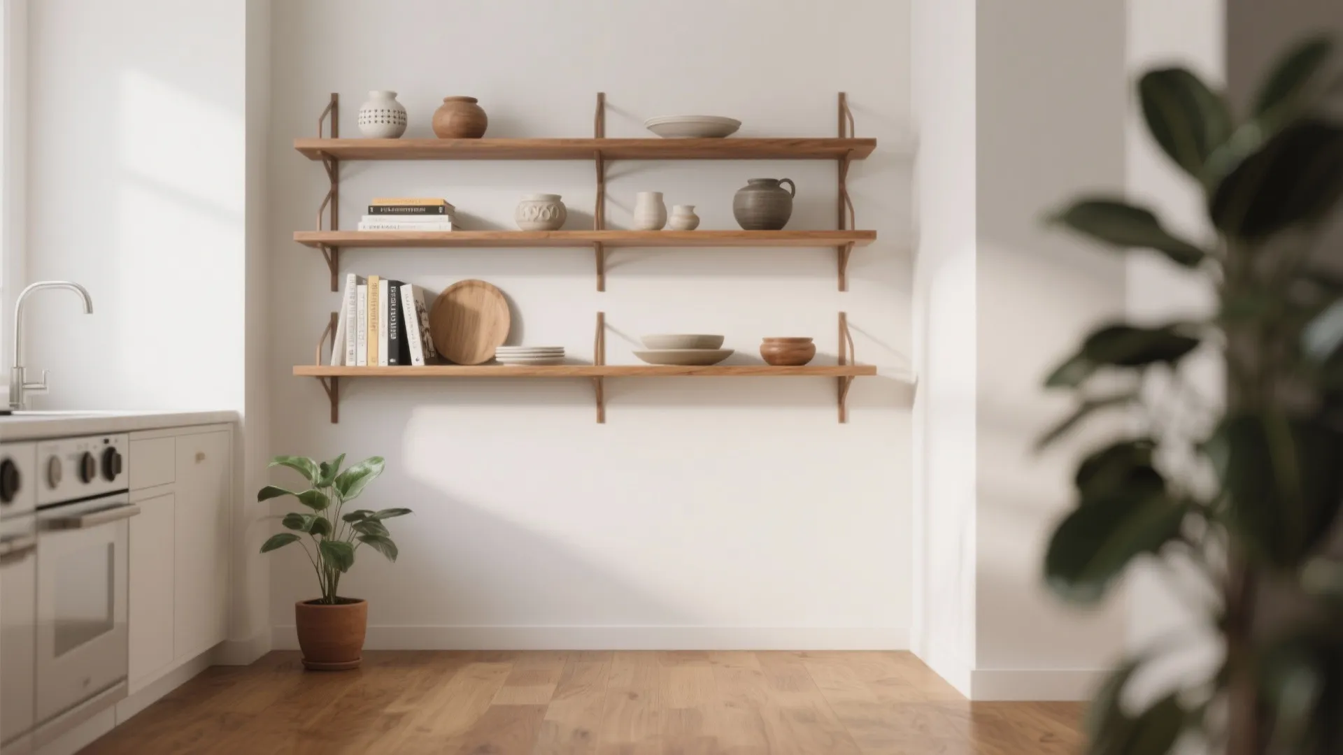 2. Add open shelving and oak accents