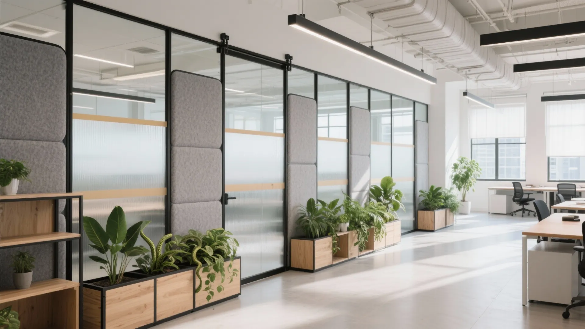 Bright open office space featuring glass wall dividers with grey panels and green indoor plants