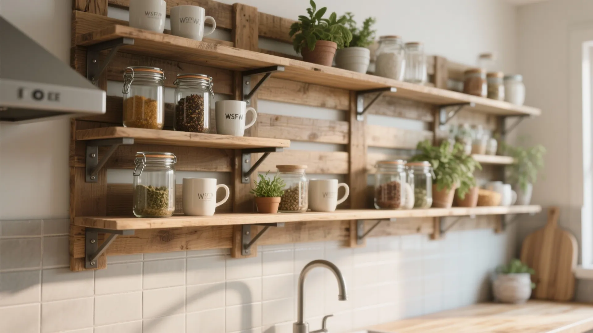 Wooden wall shelves displaying white mugs and glass jars above a white tiled kitchen wall