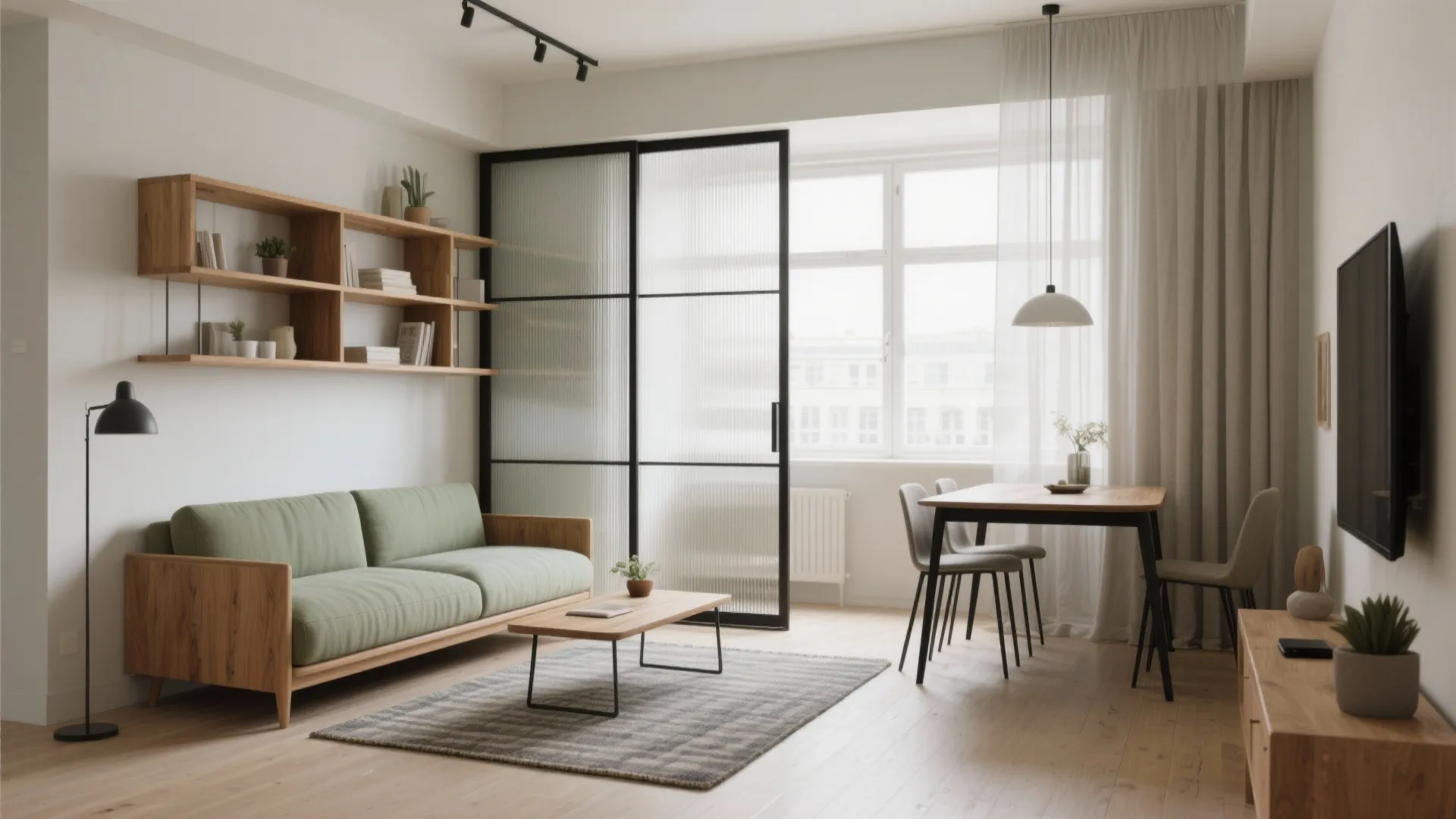 Modern living room with green sofa wooden coffee table and black frame glass sliding doors