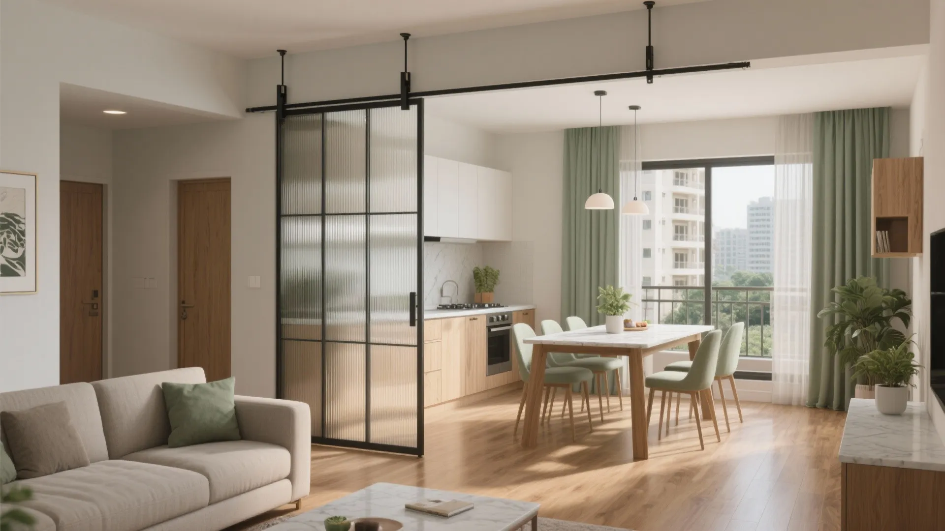 Open-plan living with smart sliding partitions
