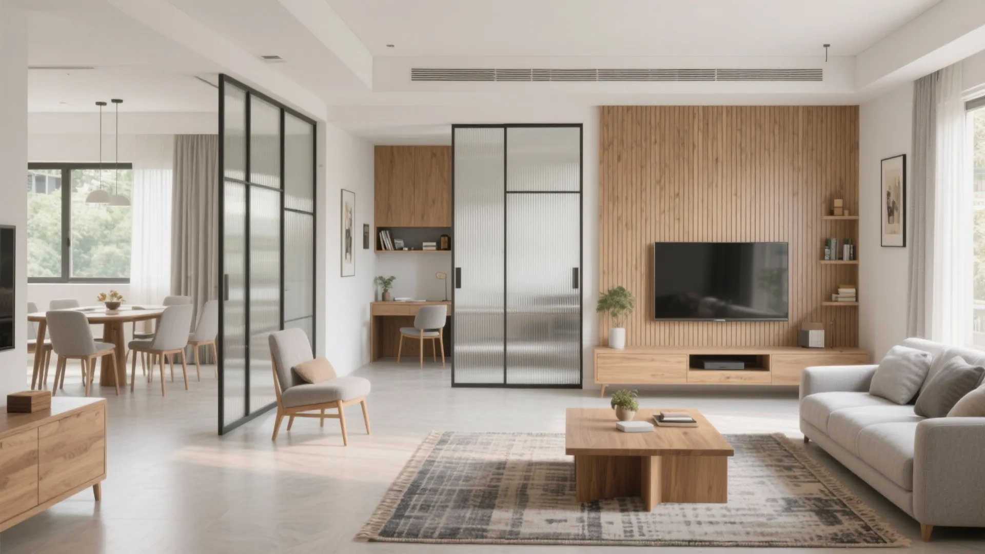 Spacious living area with wood wall panel grey sofa glass room divider and small study desk