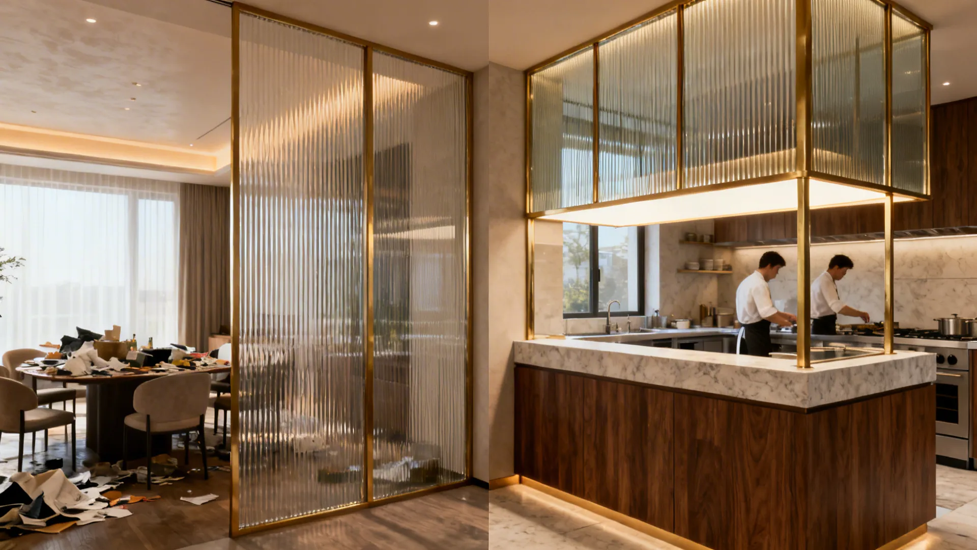 Before-and-after view showing a refined open pass with ribbed glass and brass framing improving sightlines.