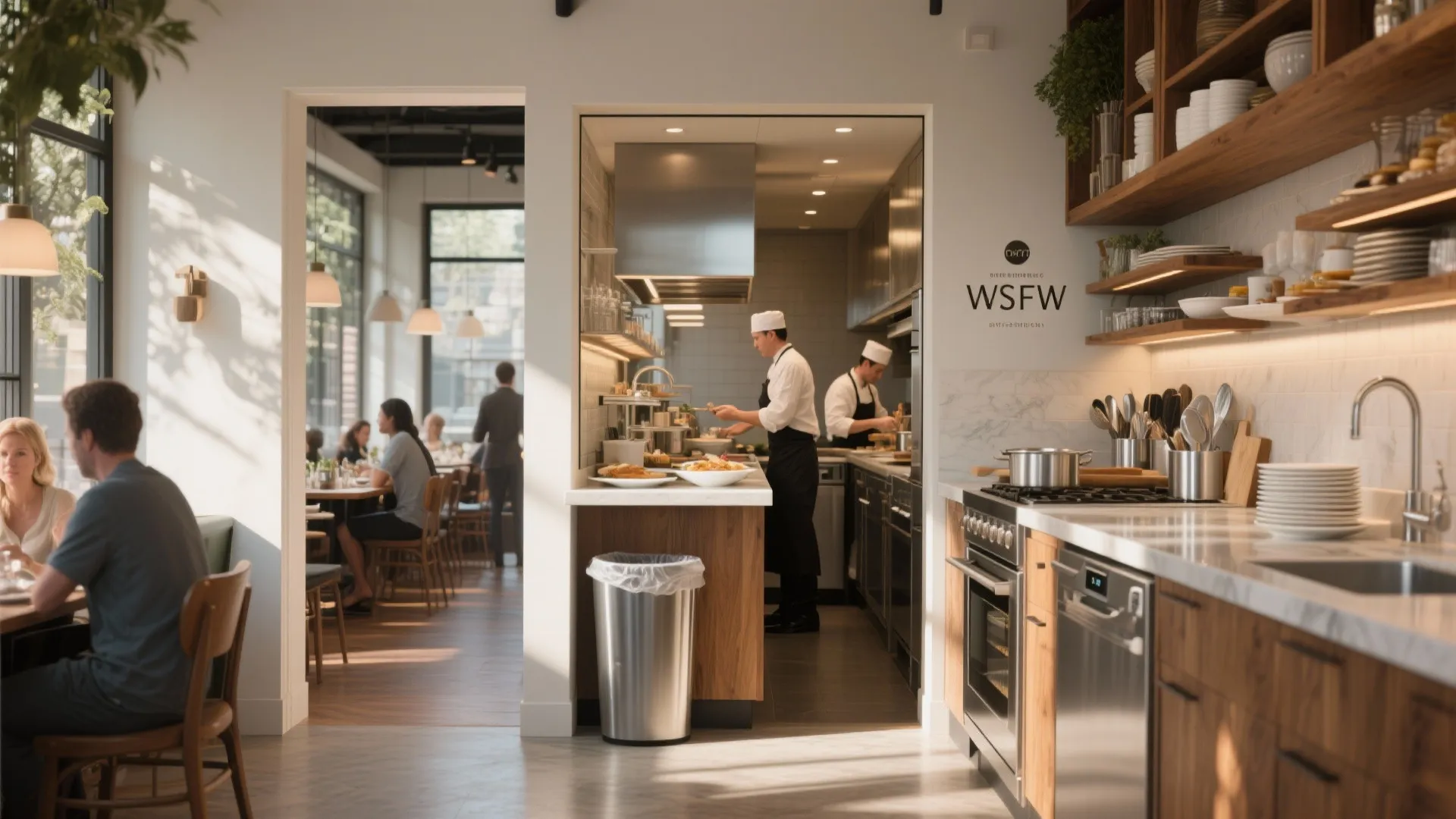 Open pass with narrow prep island and integrated refrigeration between kitchen and dining area