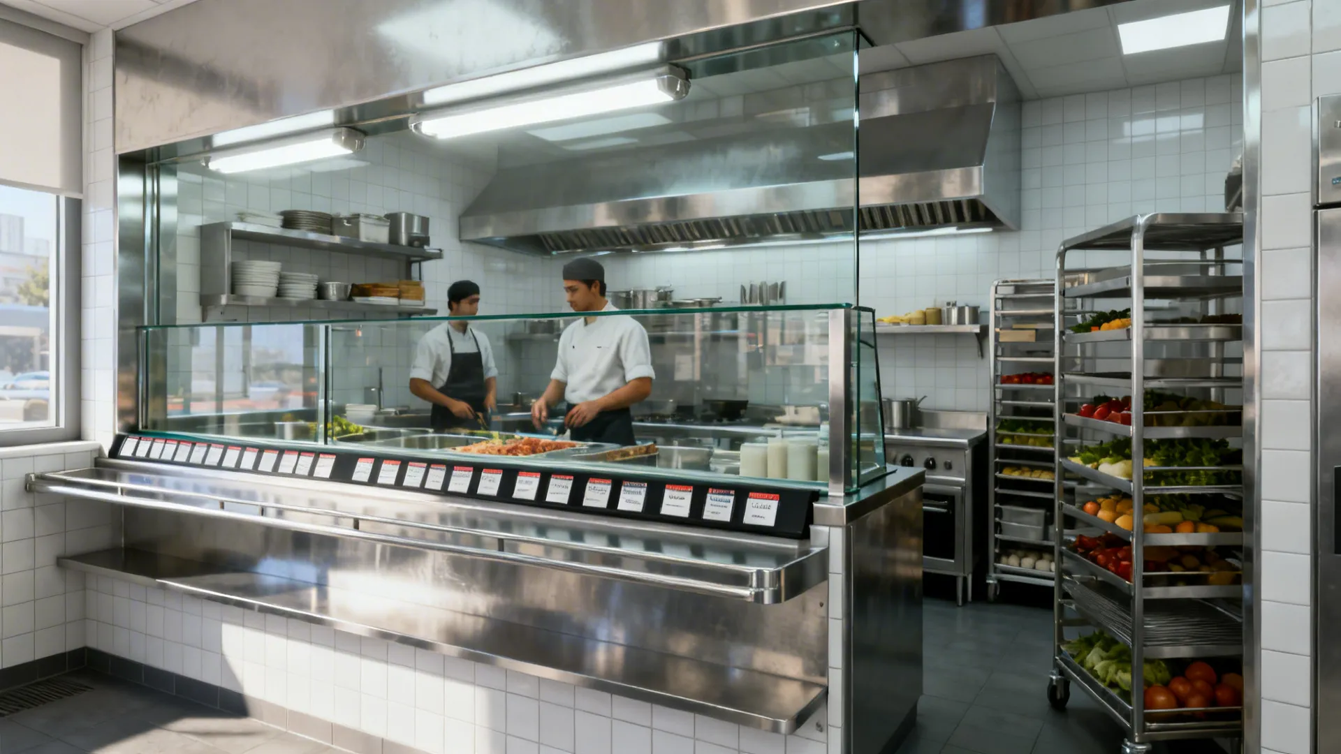 Compact kitchen with a half-height open pass and clear sightlines to the line.