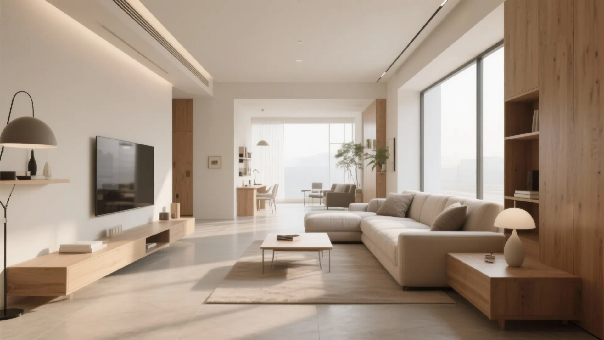 Bright open living room with cream sofa wooden tv stand floor lamp and large glass windows