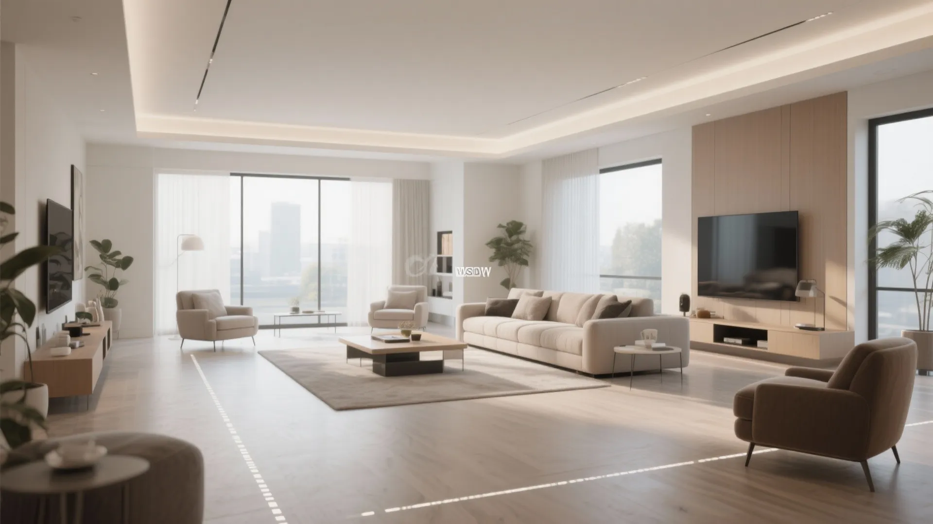 Modern living room with a long cream sofa two armchairs and a television on cabinet