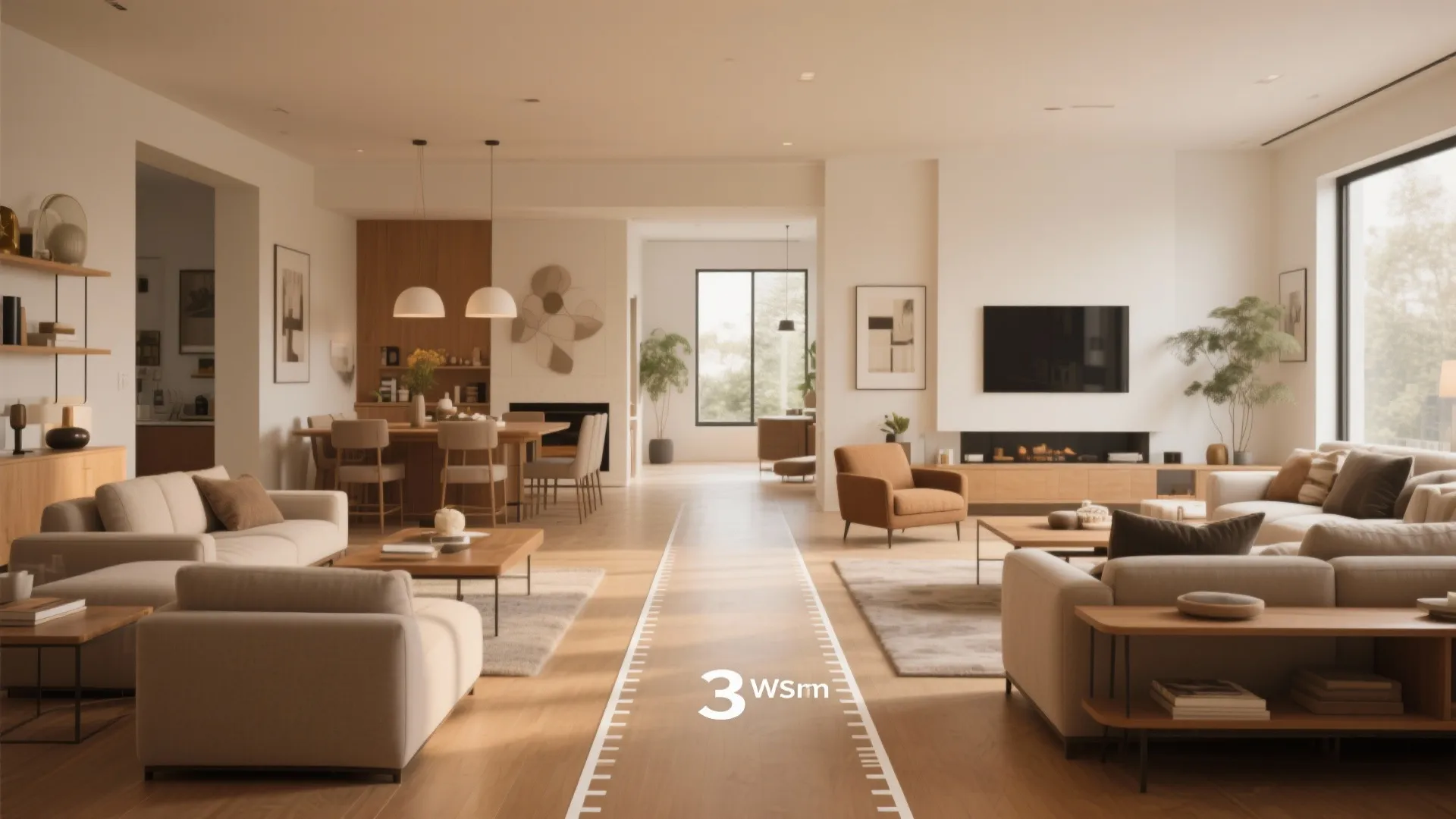 Open floor plan showing walking path measurement between living area, dining room, and kitchen space