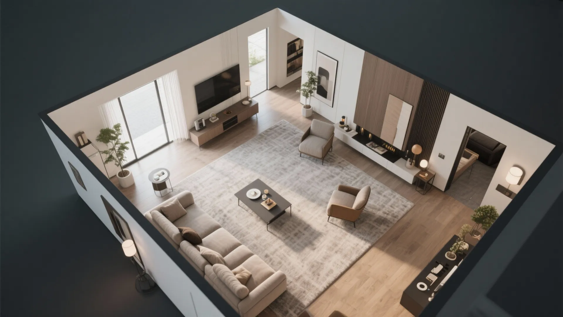 Top view of a large living room layout with sofa armchairs television and wooden floor area
