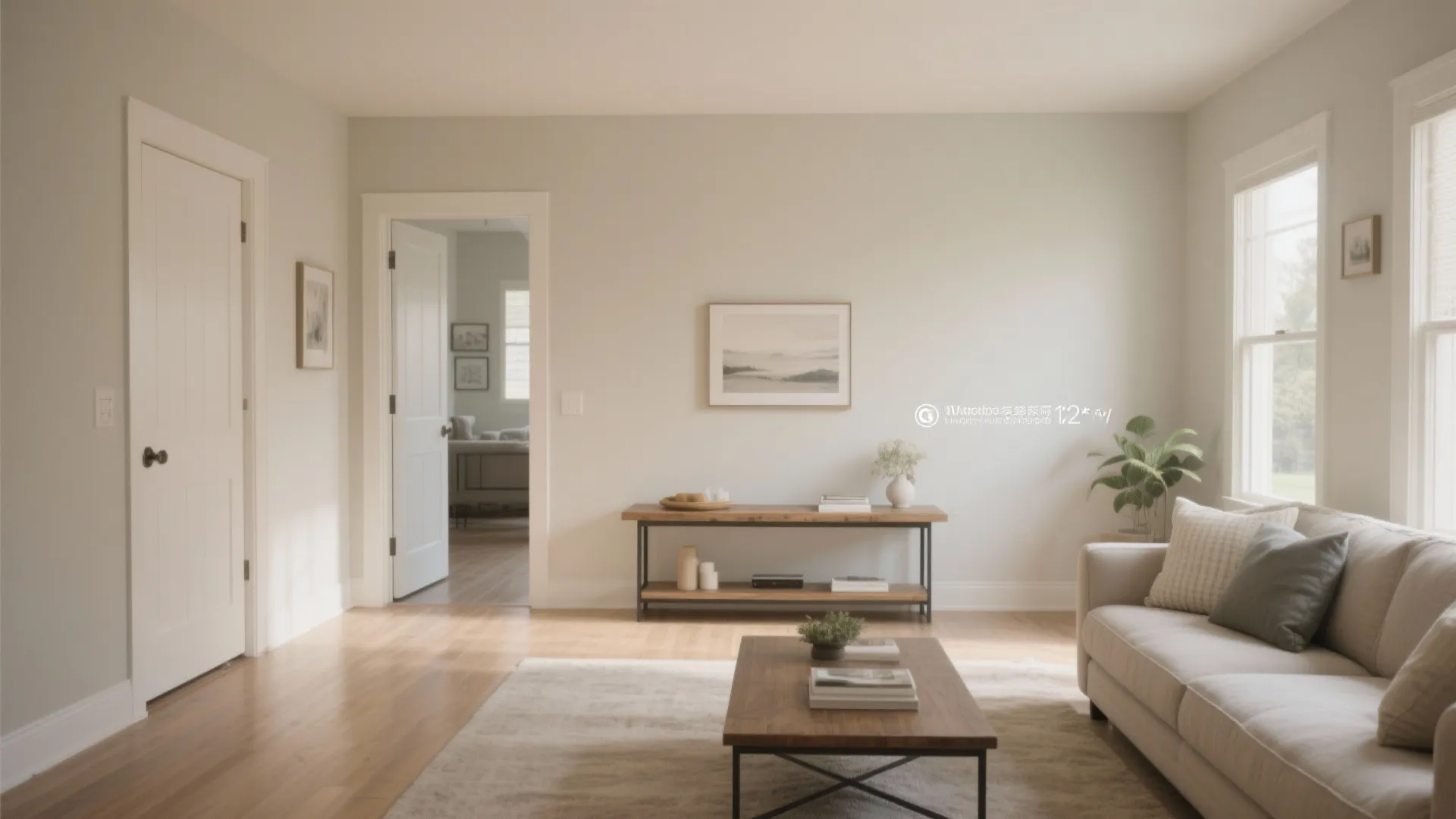 Bright living room with white walls wooden floor beige sofa coffee table and open doorway
