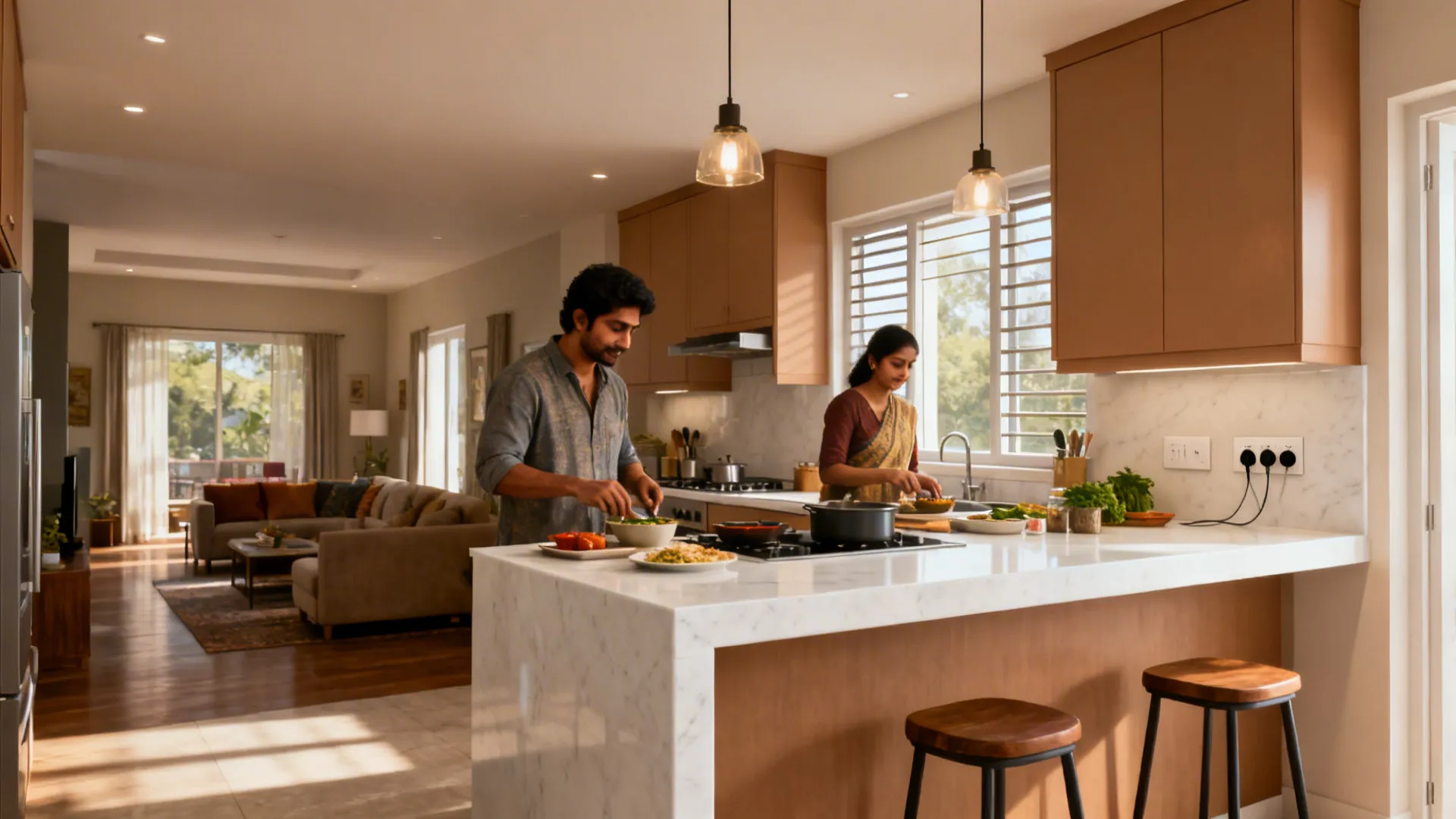 Open Indian kitchen with a peninsula breakfast counter and bright daylight.