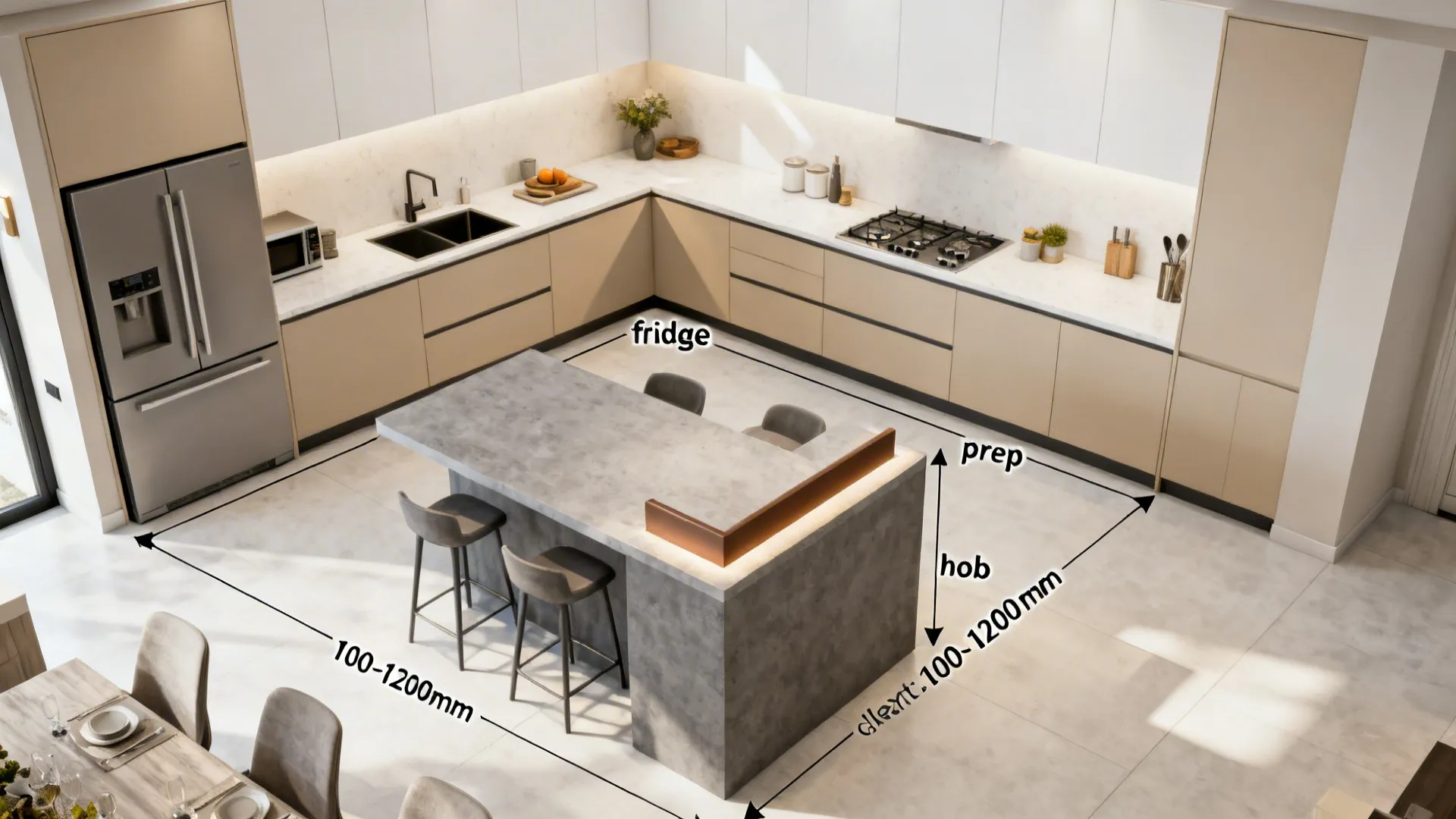 Top-down plan showing circulation clearances around a peninsula in an open kitchen.