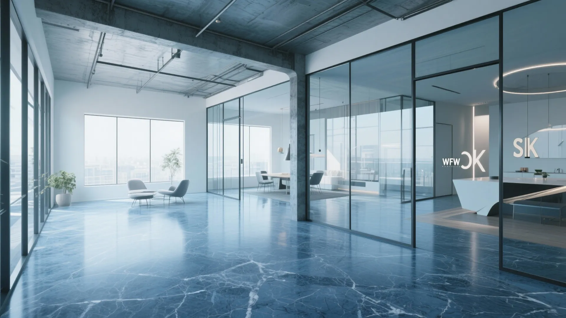 Modern open office with blue marble floor glass walls white reception desk and large bright windows