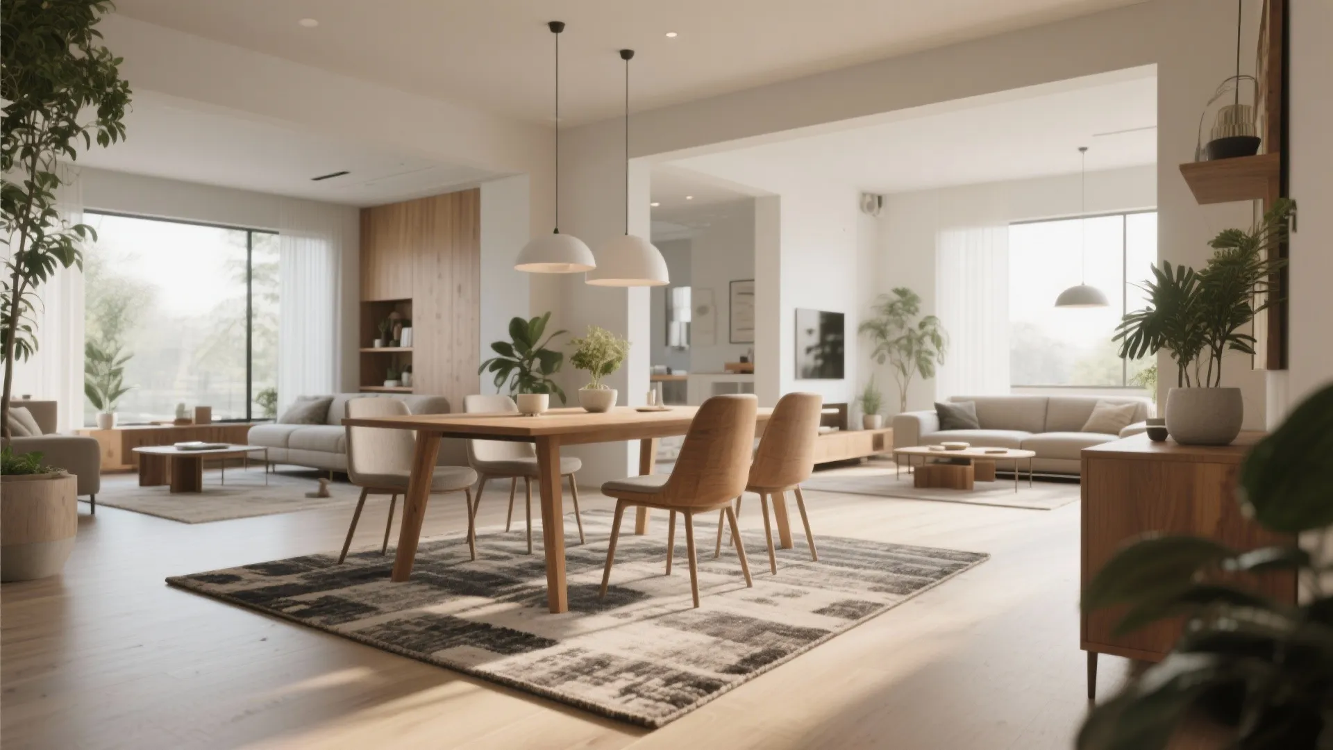 Large open plan living space featuring wooden dining table and chairs with two ceiling lights