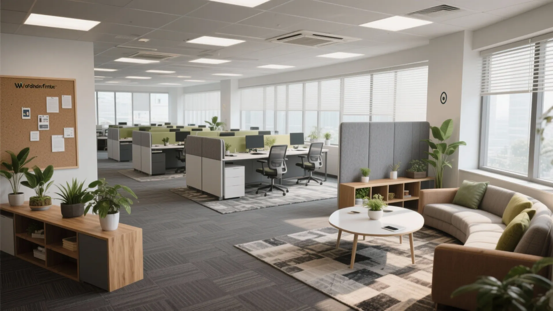 Modern open plan office interior with white desks grey chairs green plants and sofa area
