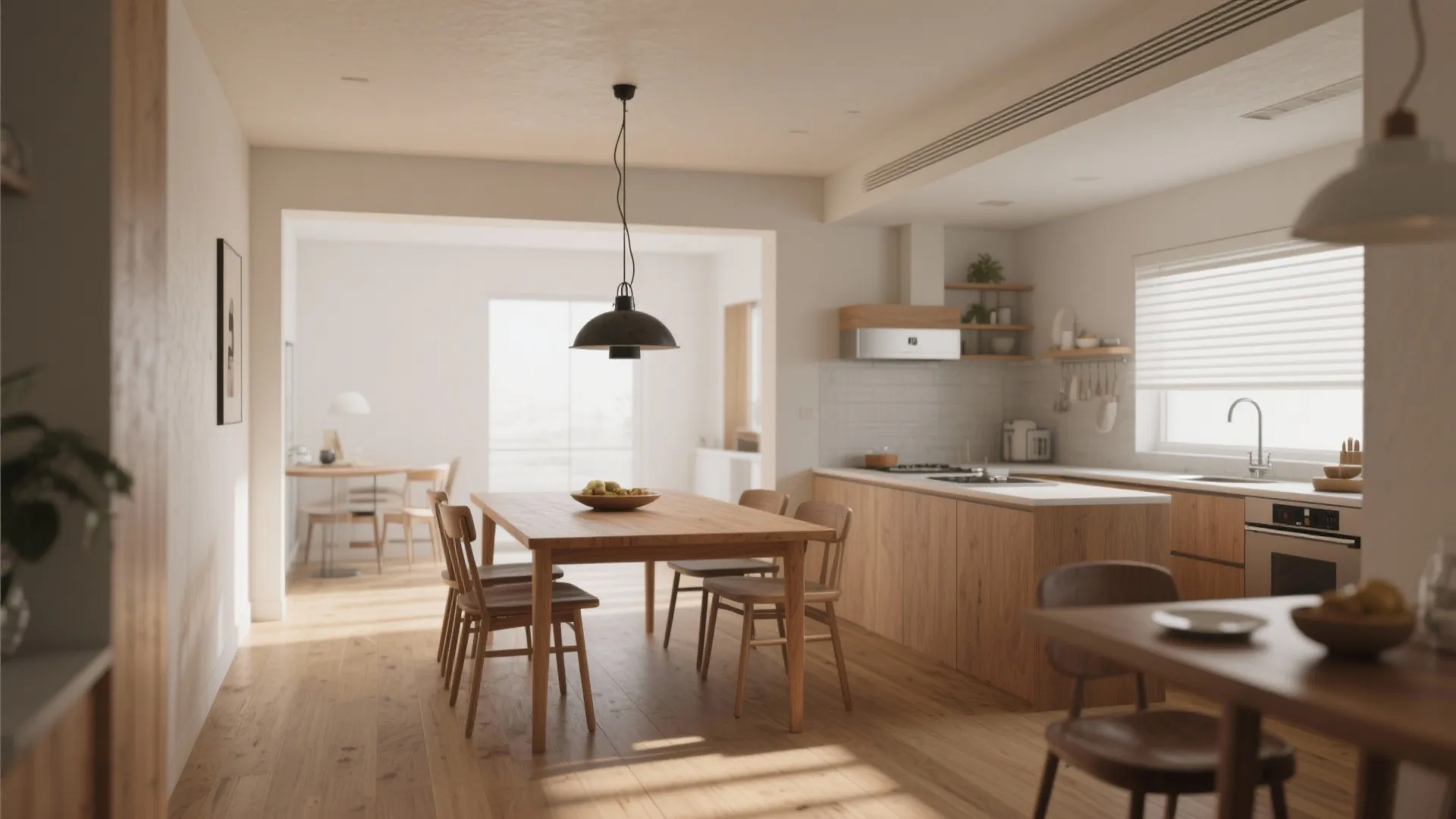 Open-plan dining area with consistent wood flooring linking dining and kitchen for cohesive farmhouse flow.