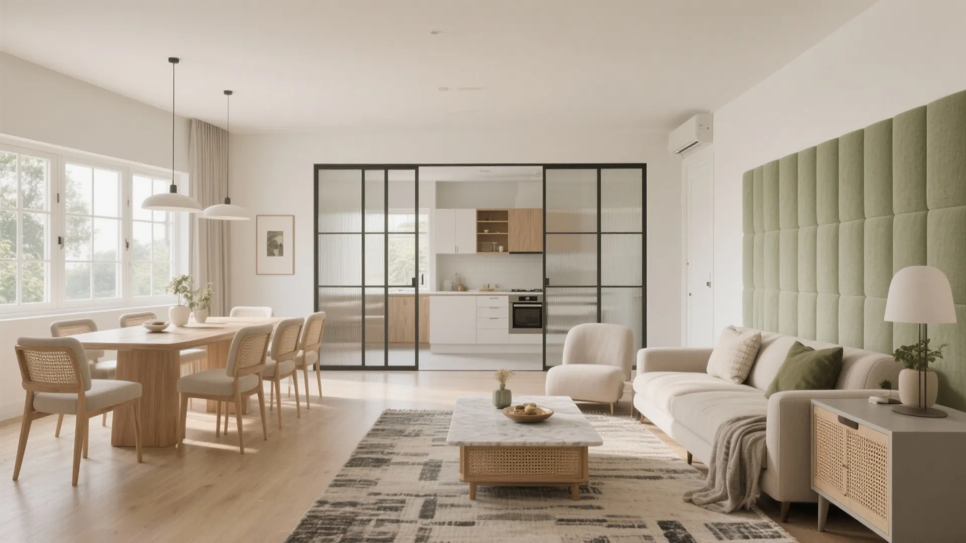 Open-plan living–dining with pocket doors