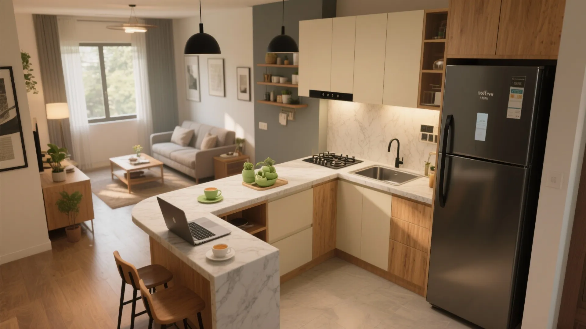 Open plan kitchen and living area with marble counter black fridge grey sofa and ceiling light