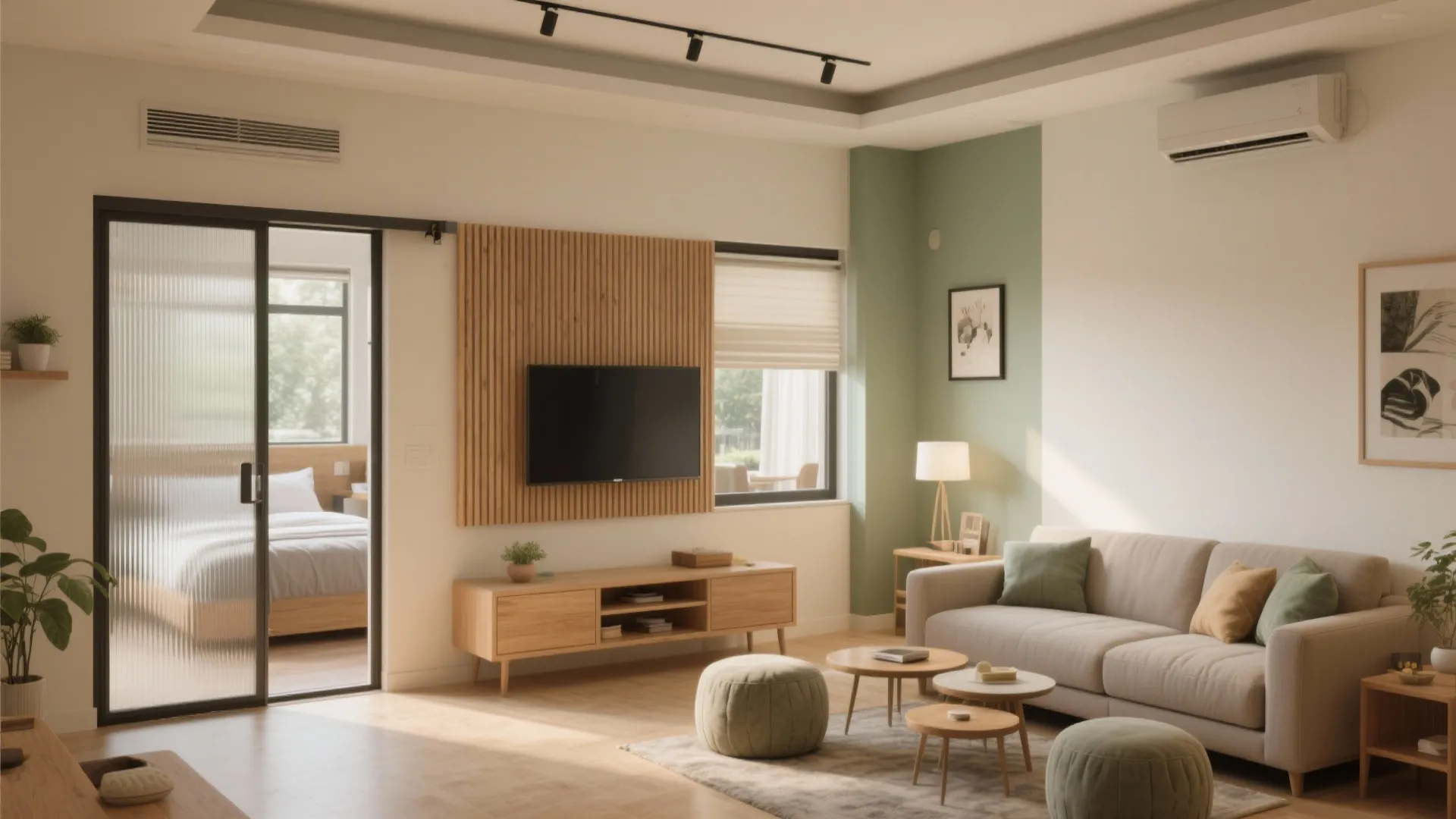 Open-plan zones with sliding partitions