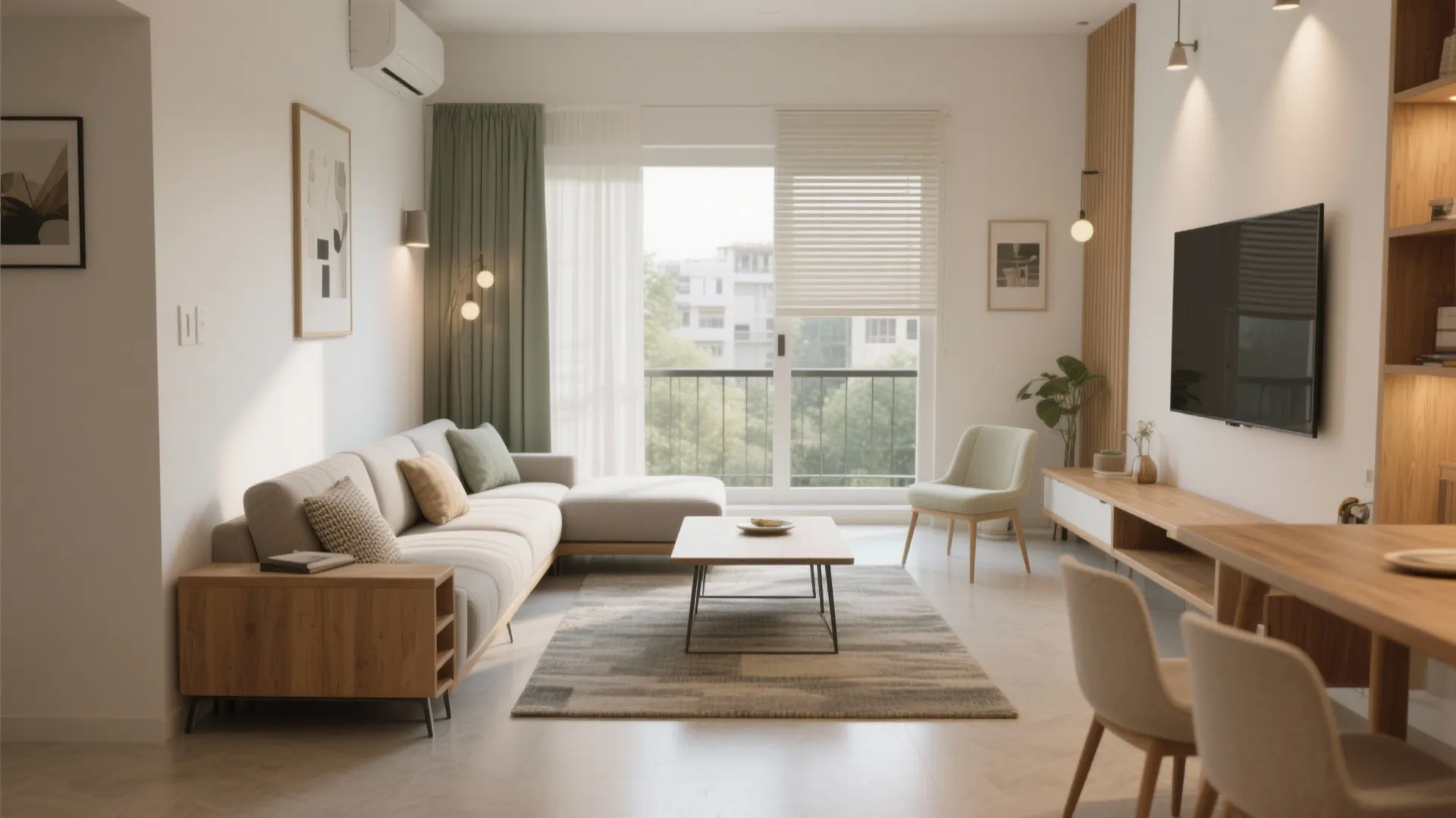 Open-plan living-dining with flexible furniture