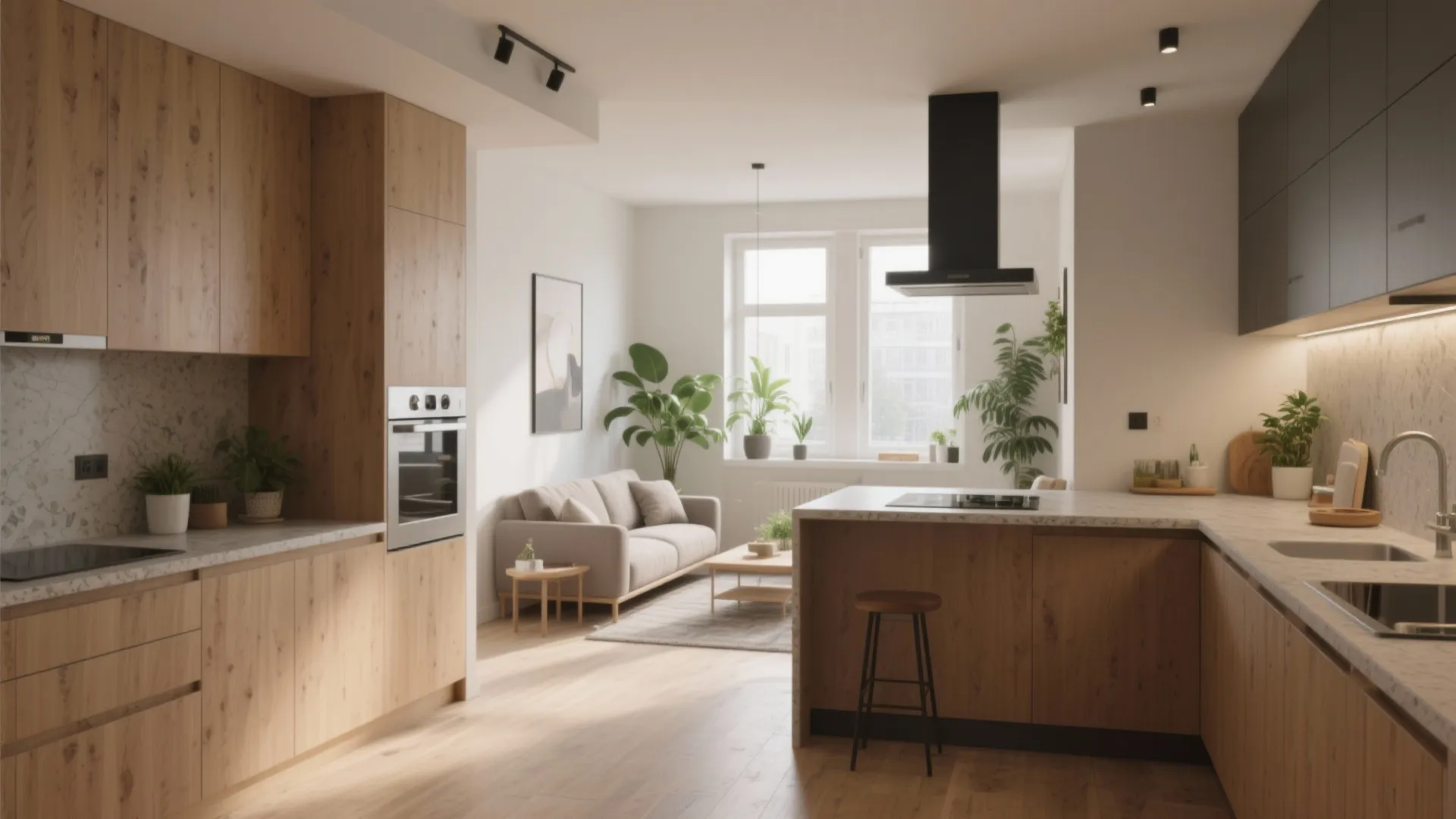 Interior design drawing of a modern kitchen and living area with wooden cabinets and green plants