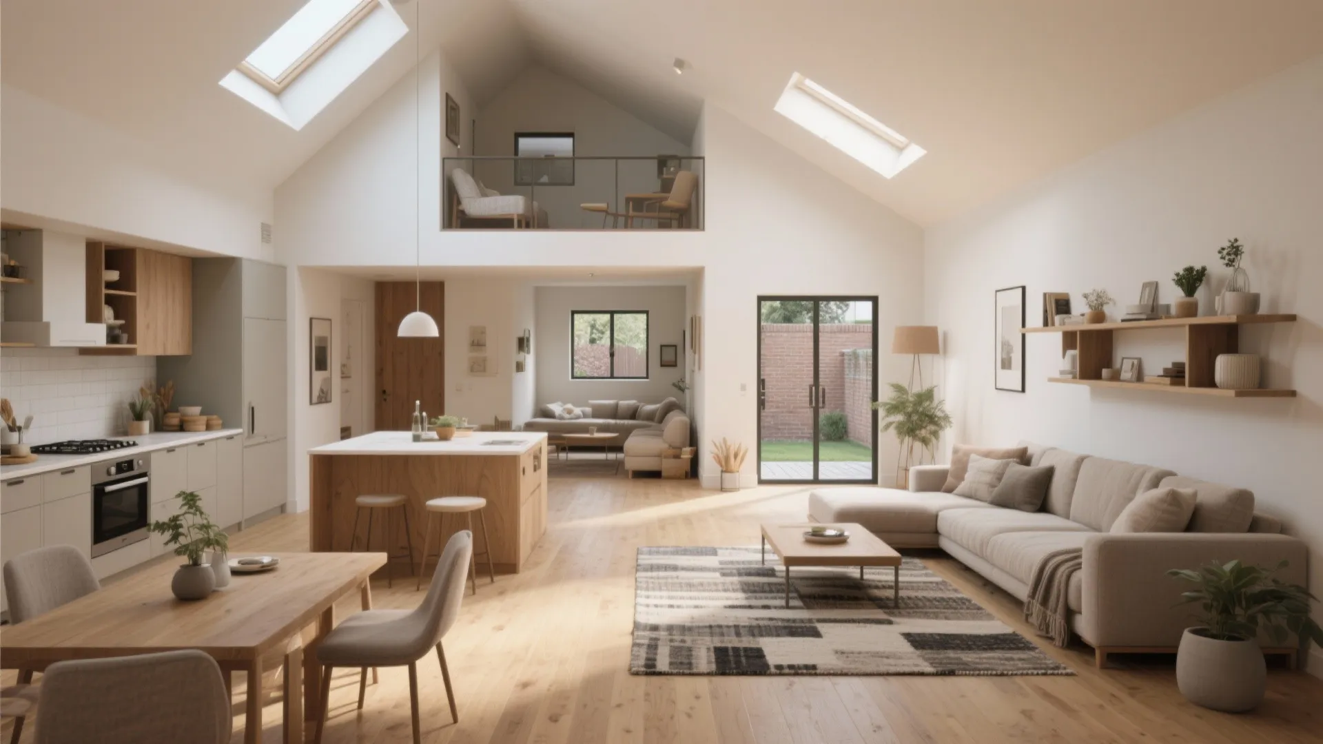 Open plan living area with kitchen island, wooden floors, sofa, and two large roof windows