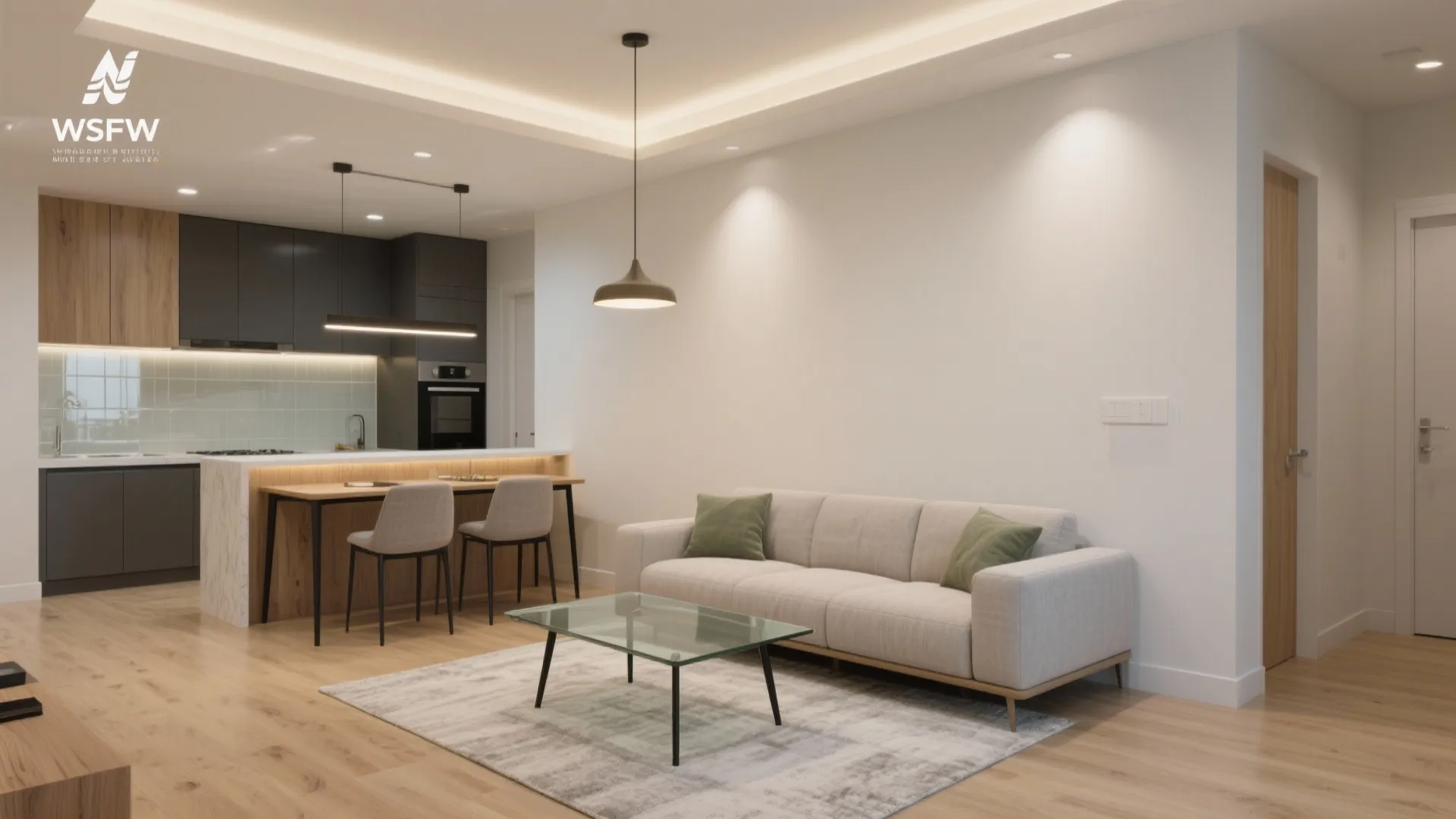 Modern open living room with cream sofa glass coffee table and dark kitchen in the background